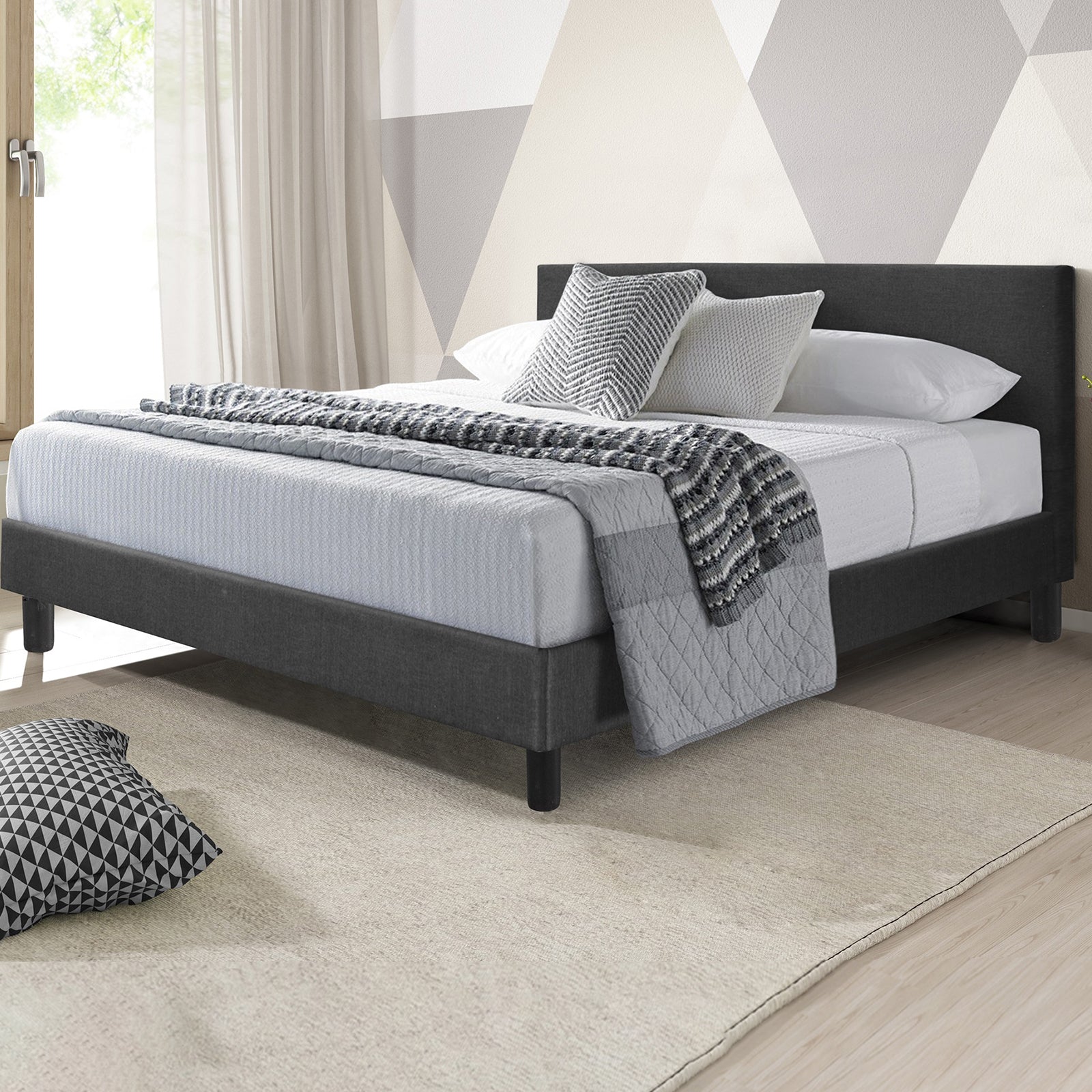 Pack Essentiel : Lit Marquis Tissus Gris Foncé & Matelas Cosmos