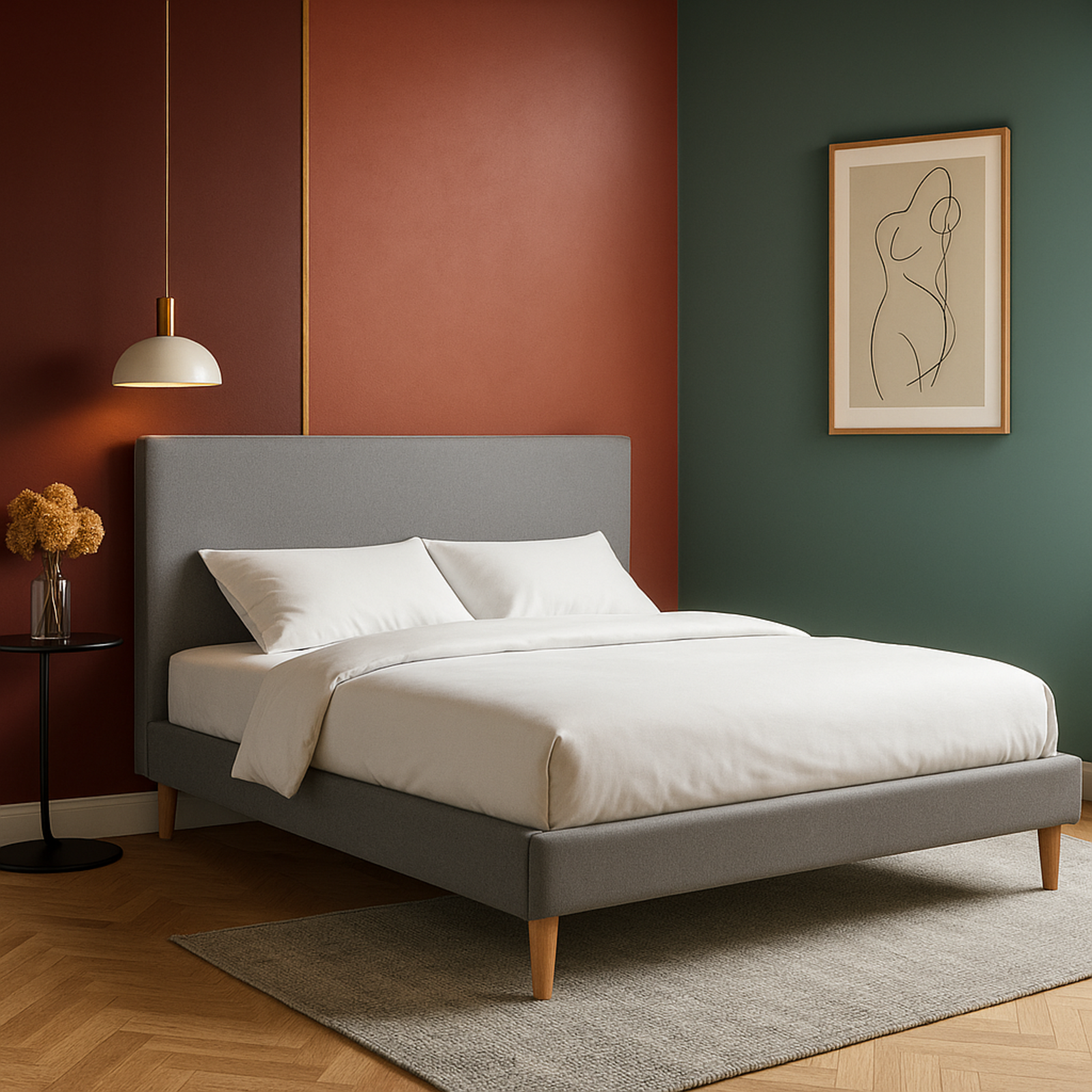 Lit Marquis scandinave en tissu : sommier à lattes en bois flexibles