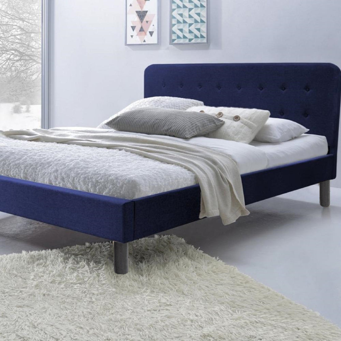 Lit capitonné Nordique et élégant : tissu et sommier à lattes en bois