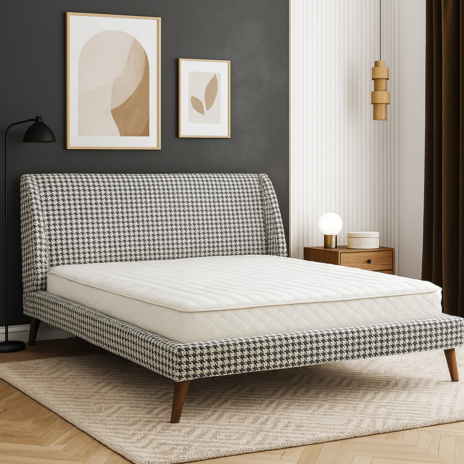 Lit vintage tissu, sommier à lattes flexibles bois - Collection Coco