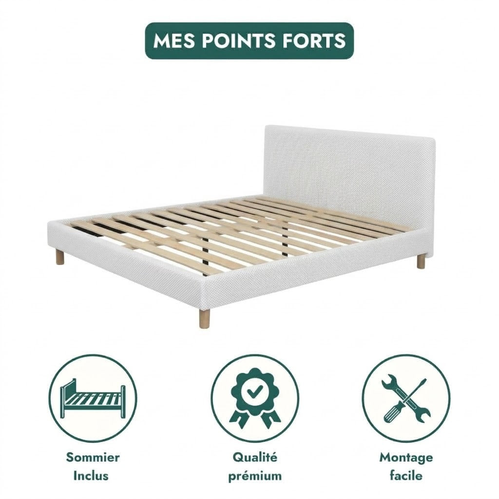 Lit tissu Mesh 3D, tête de lit, sommier à lattes bois - Collection Prince