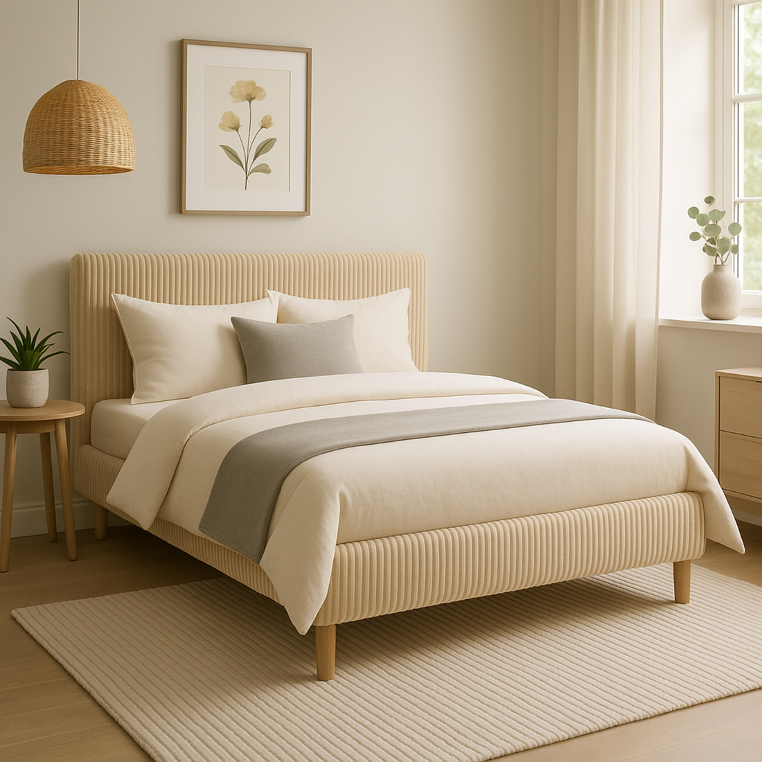 Lit velours côtelé, tête de lit, sommier à lattes bois - Collection Prince