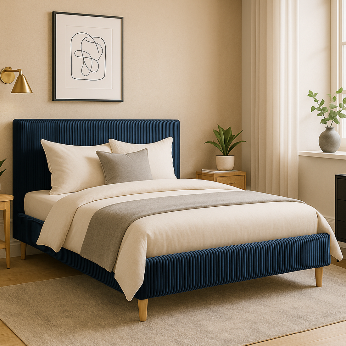 Lit velours côtelé, tête de lit, sommier à lattes bois - Collection Prince