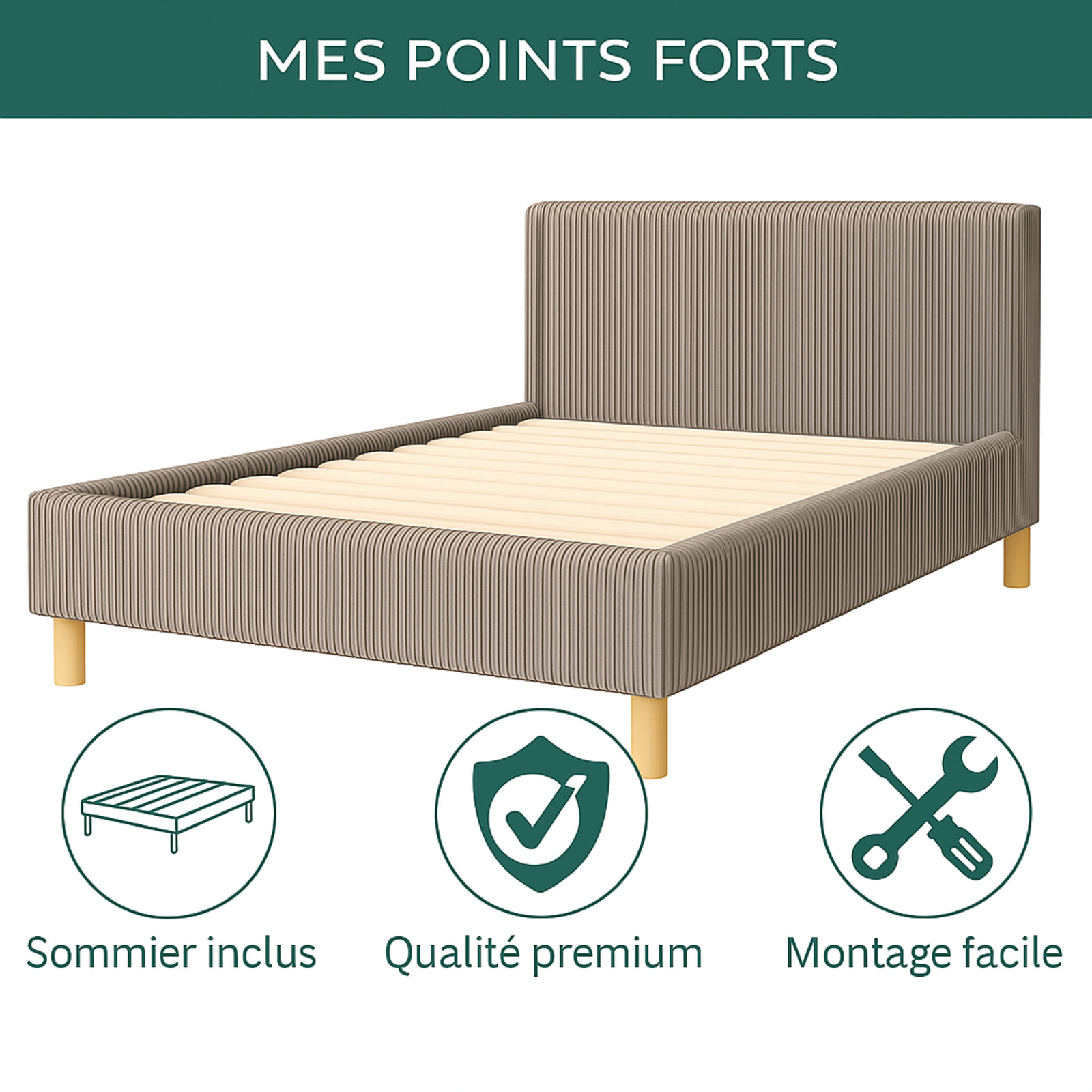 Lit Prince en velours côtelé : sommier et tête de lit
