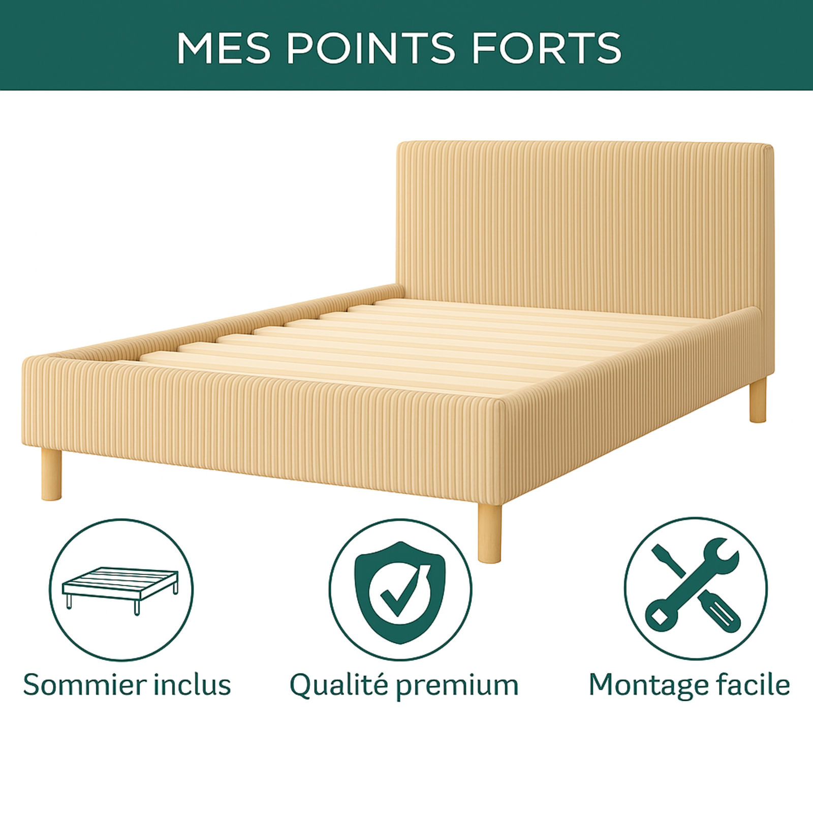 Lit enfant en velours côtelé : sommier à lattes et encadrement collection Anastasia