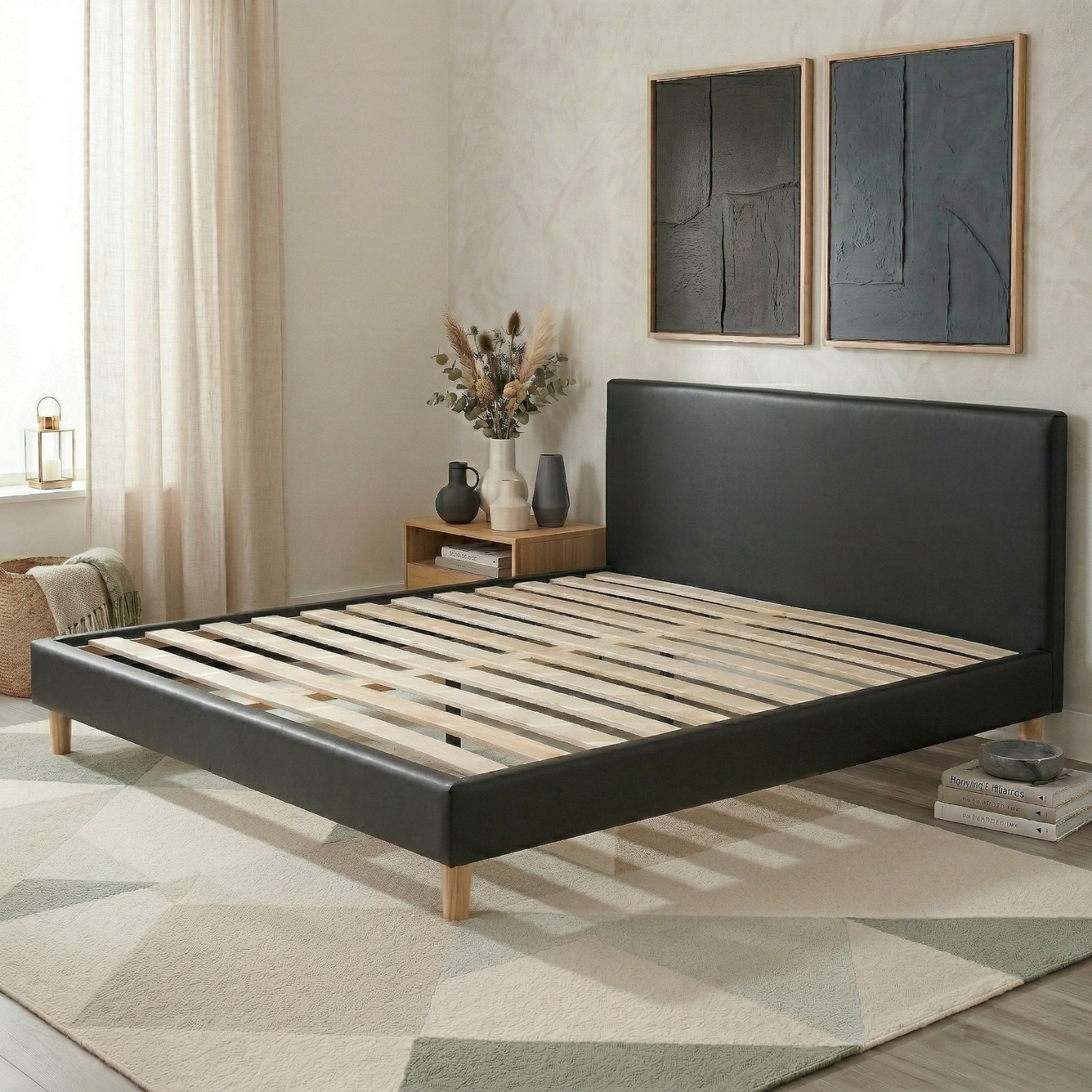 Faux leather bed, headboard, wooden slatted base - Prince Collection