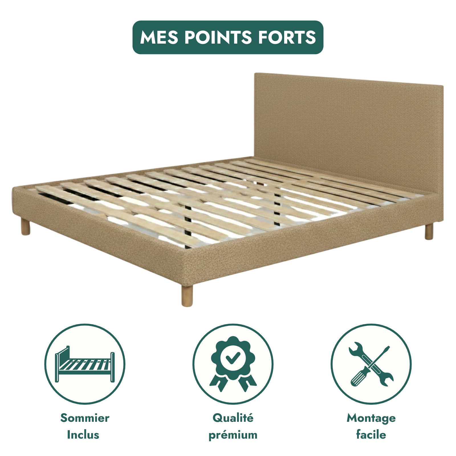 Bouclé bed, headboard, wooden slatted base - Prince Collection