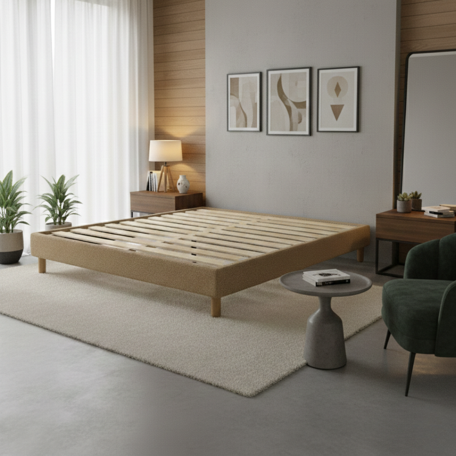 Bouclé bed base, bed frame, wooden legs, pelvic support - Deco Collection