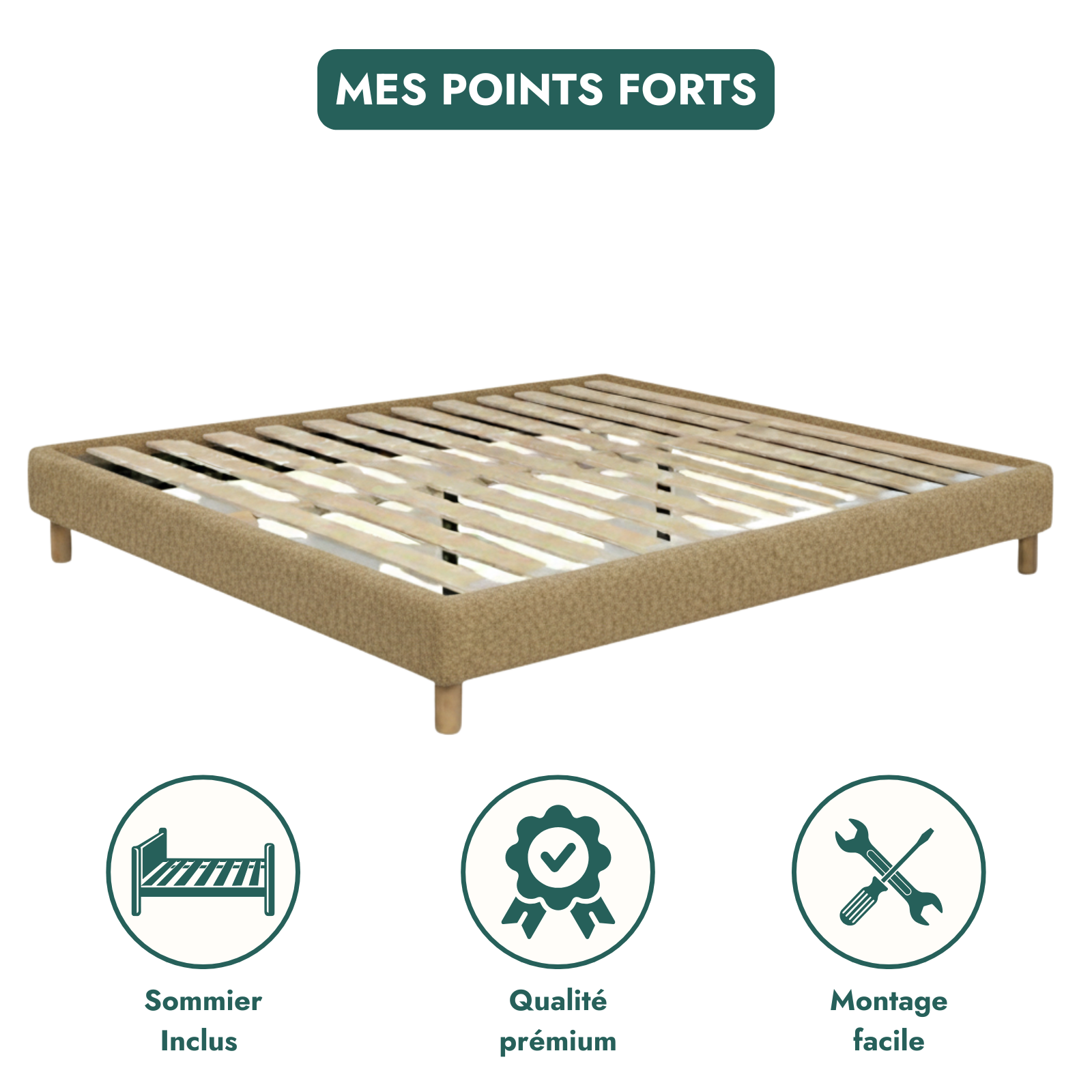 Bouclé bed base, bed frame, wooden legs, pelvic support - Deco Collection