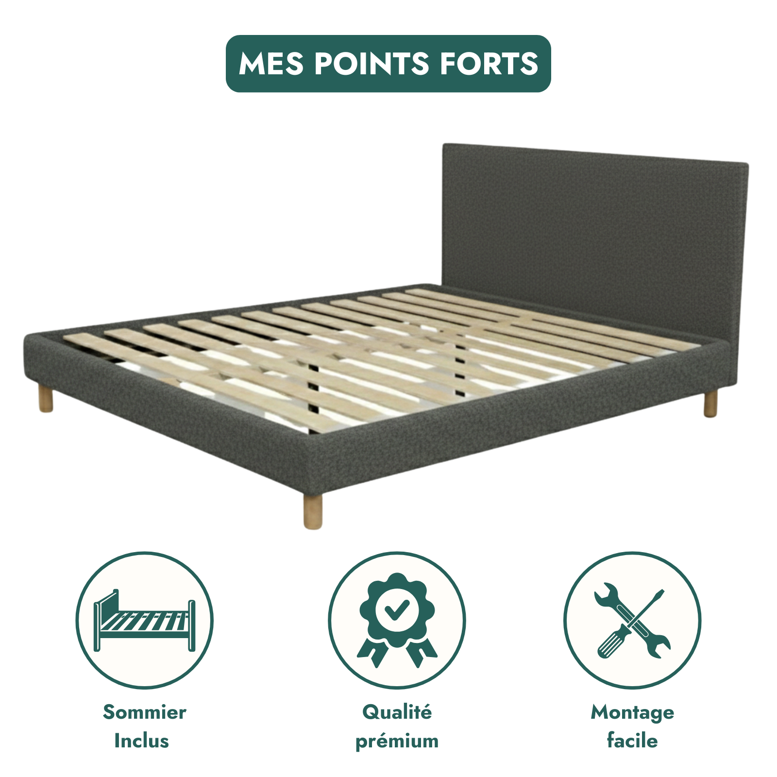 Bouclé bed, headboard, wooden slatted base - Prince Collection