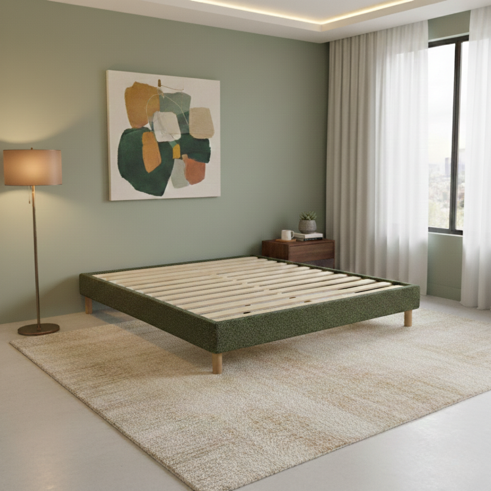 Bouclé bed base, bed frame, wooden legs, pelvic support - Deco Collection