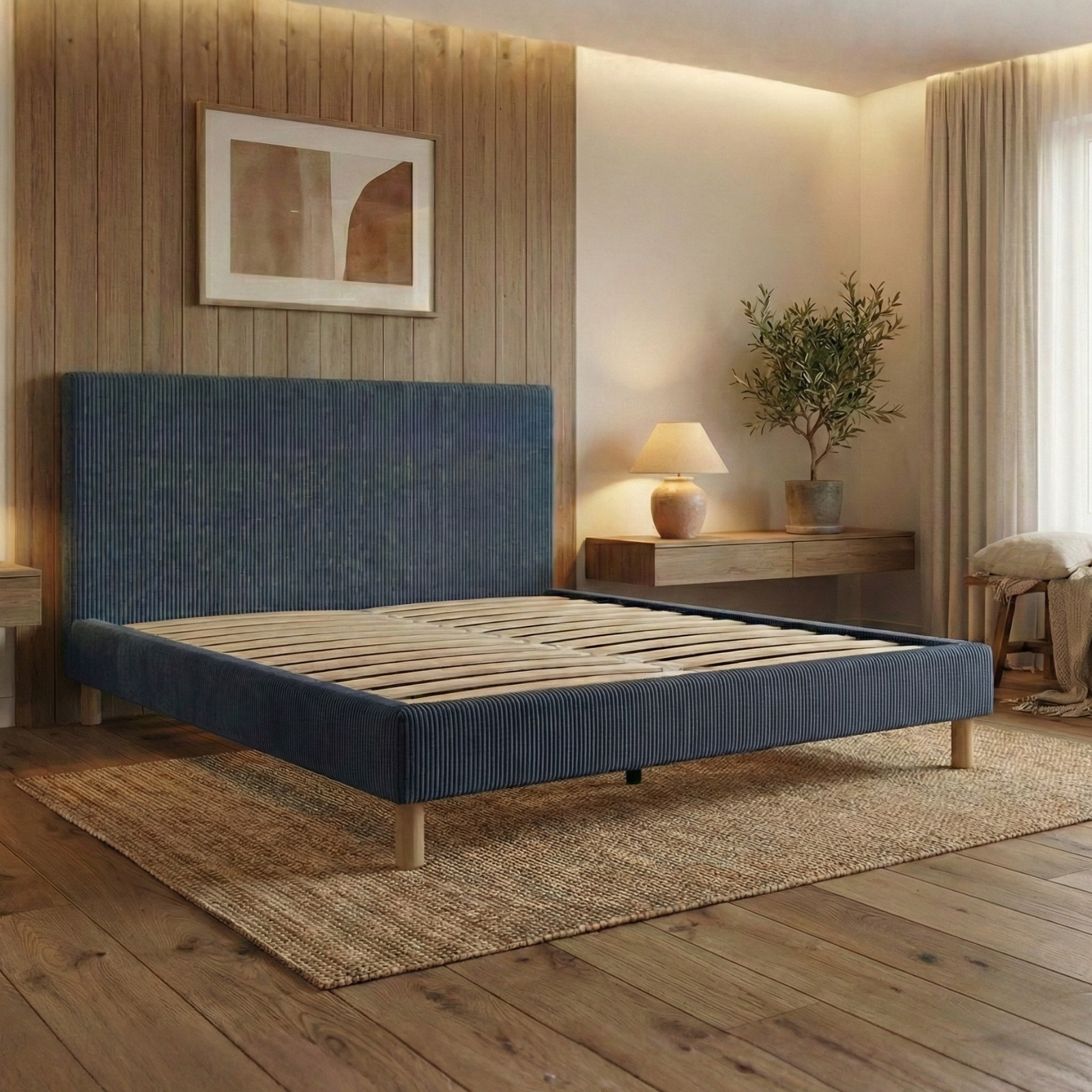 Corduroy bed, headboard, wooden slatted base - Prince Collection