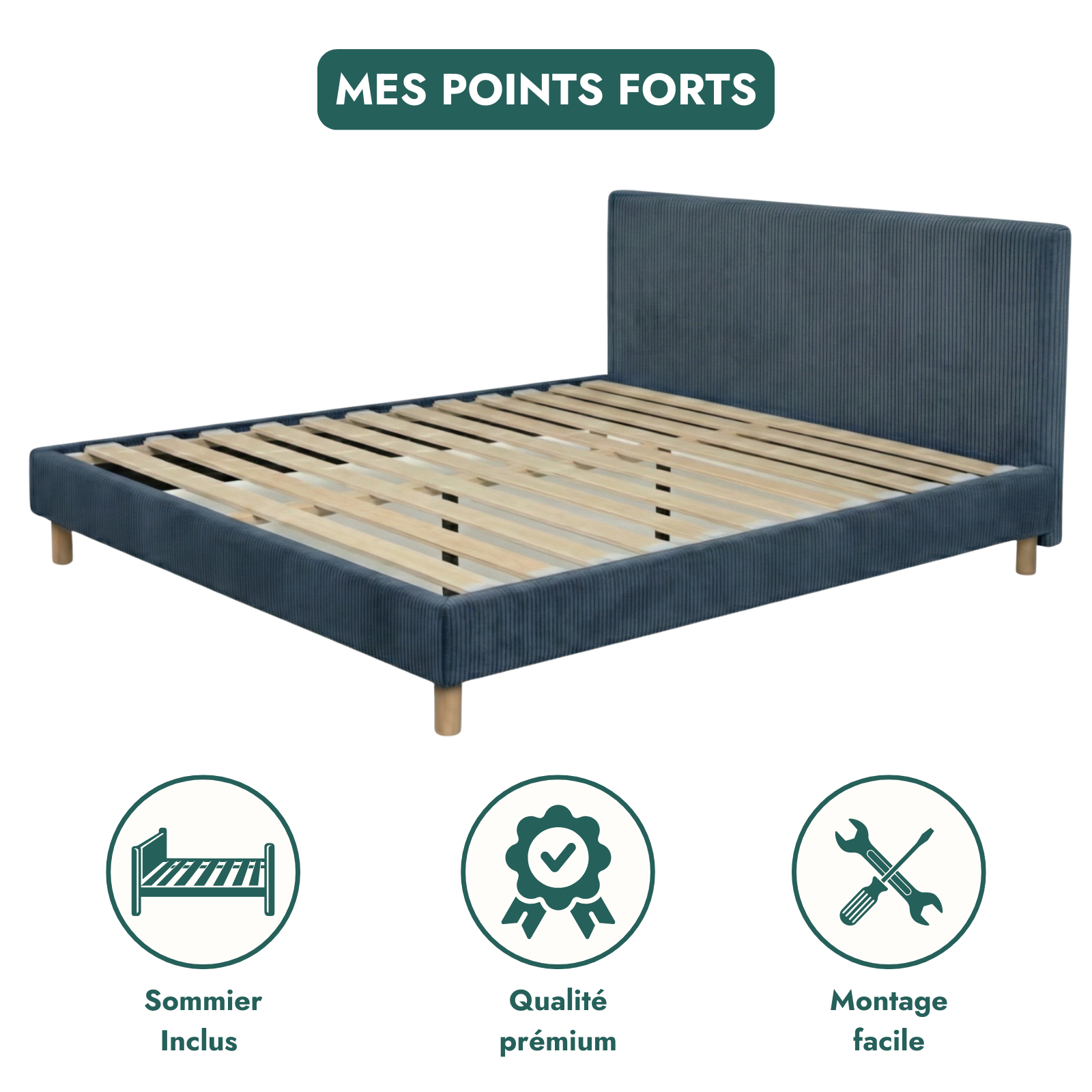 Corduroy bed, headboard, wooden slatted base - Prince Collection