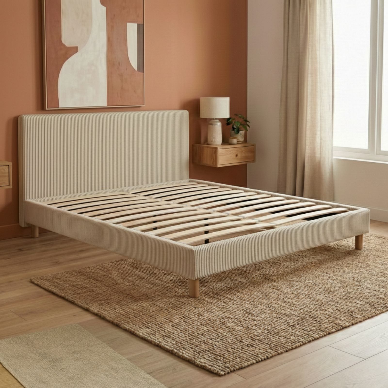 Lit velours côtelé, tête de lit, sommier à lattes bois - Collection Prince