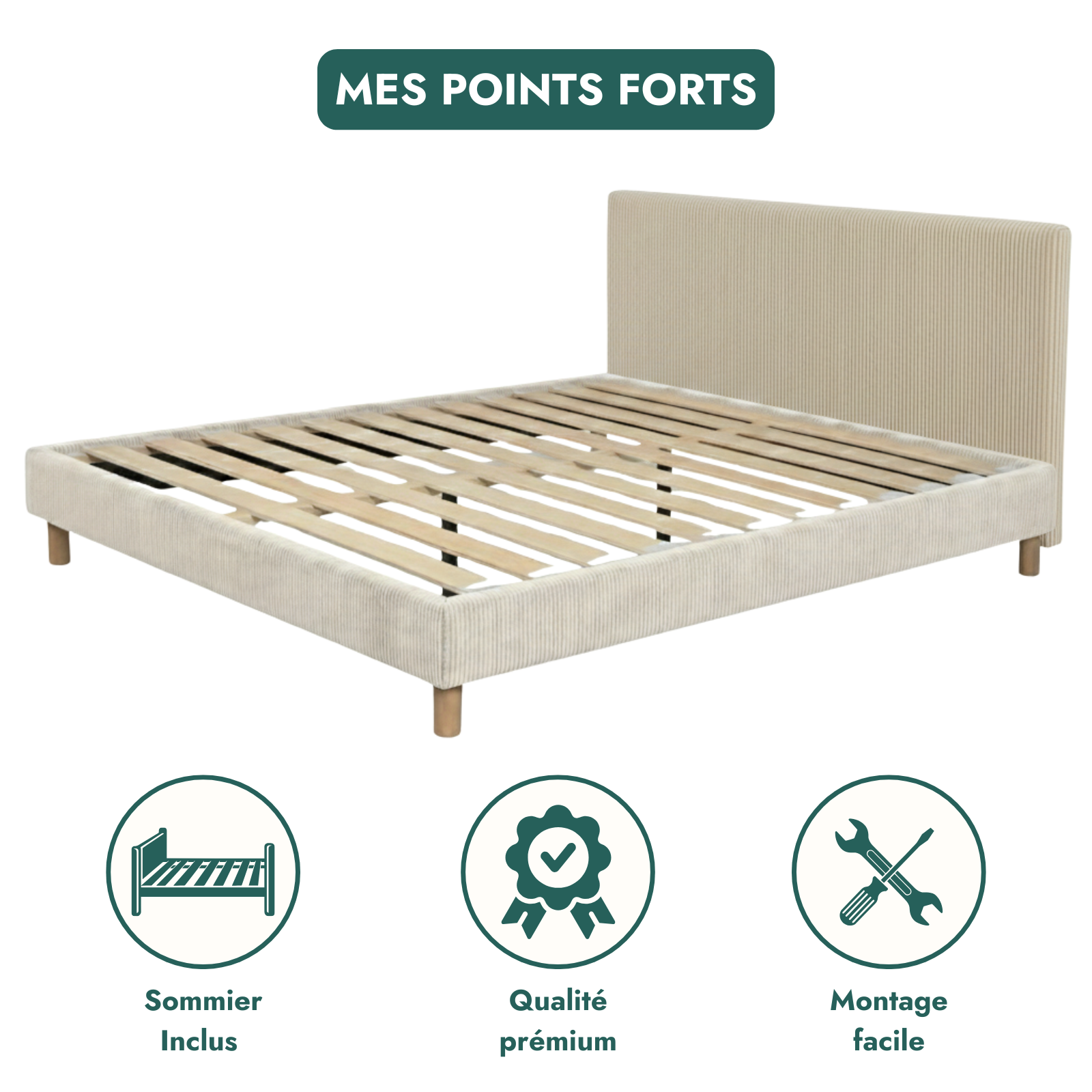 Corduroy bed, headboard, wooden slatted base - Prince Collection