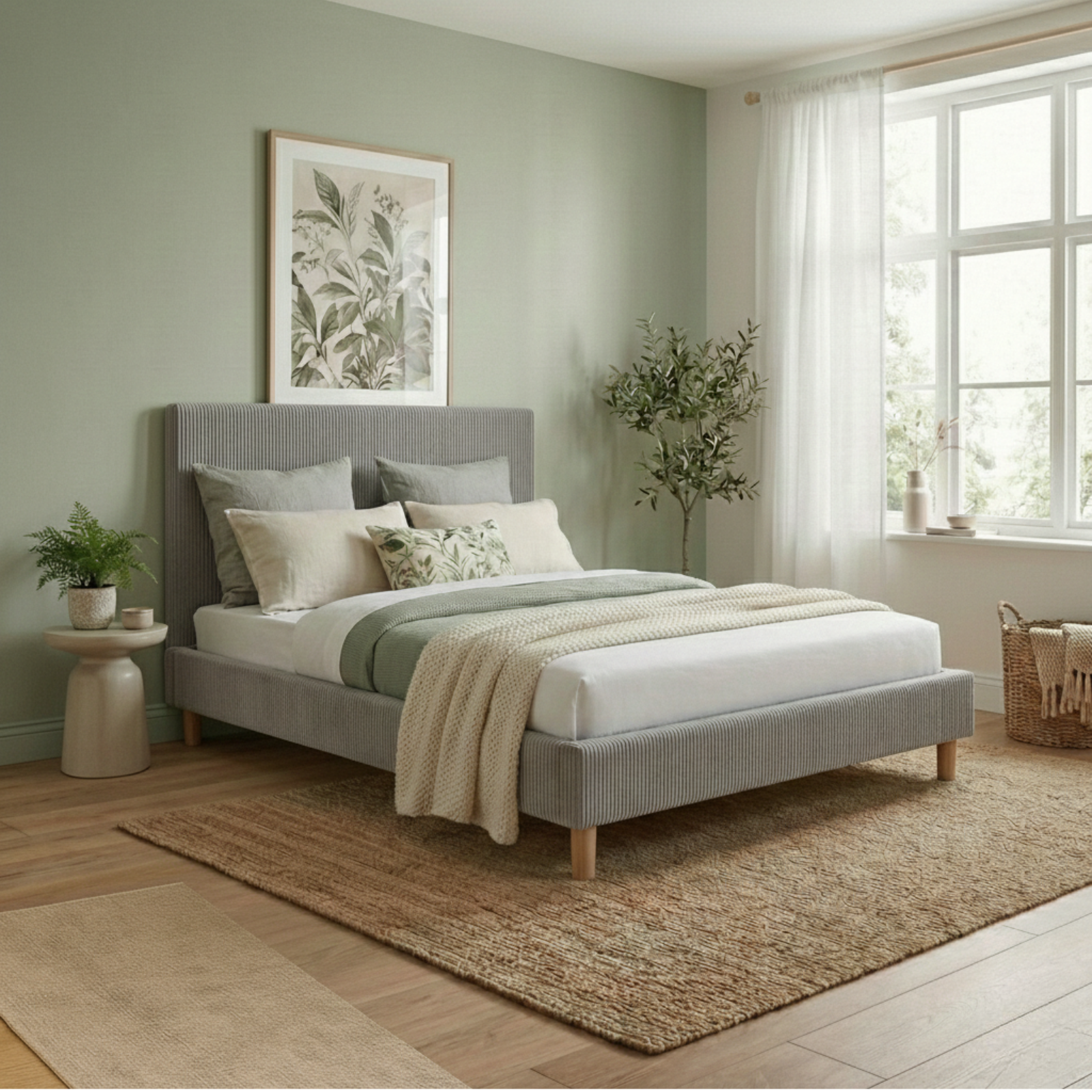 Lit velours côtelé, tête de lit, sommier à lattes bois - Collection Prince