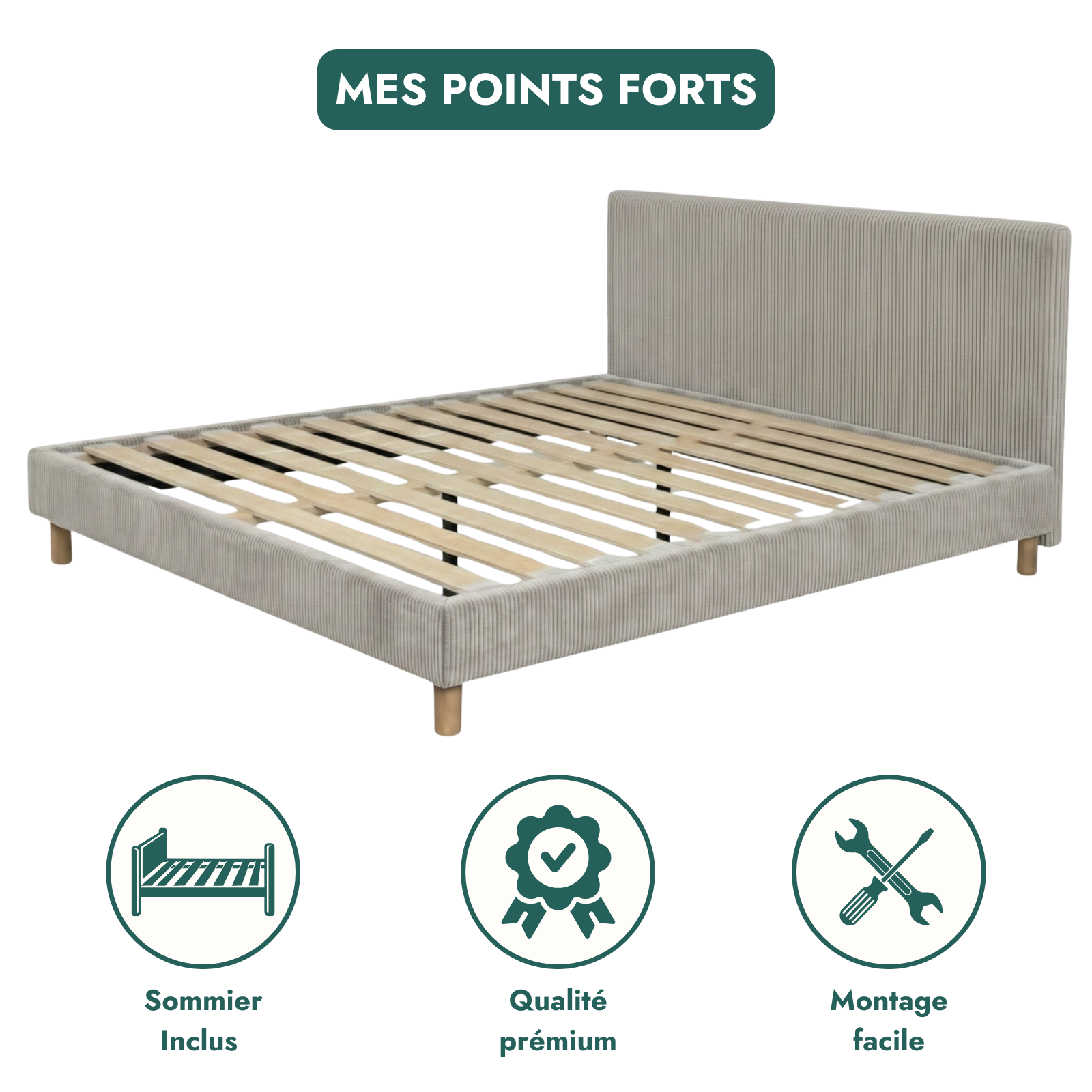 Corduroy bed, headboard, wooden slatted base - Prince Collection