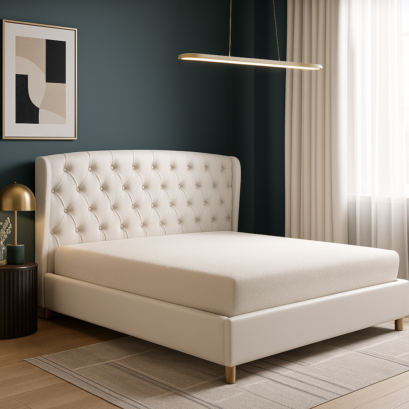 Lit capitonné Clémentine : simili cuir et sommier à lattes en bois