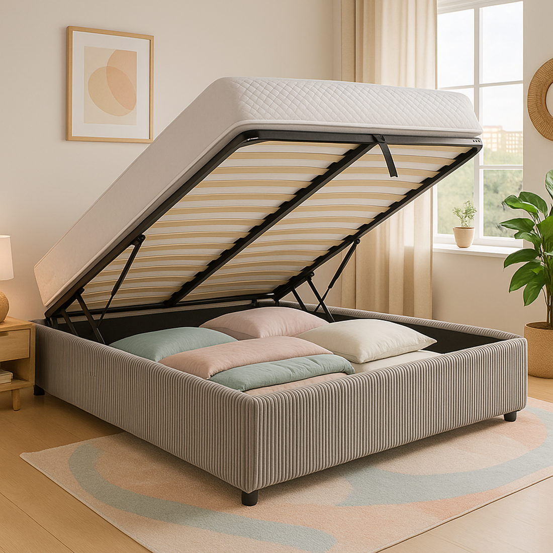 Lit coffre velours côtelé, lattes flexibles, grand espace de stockage - Collection Vegas