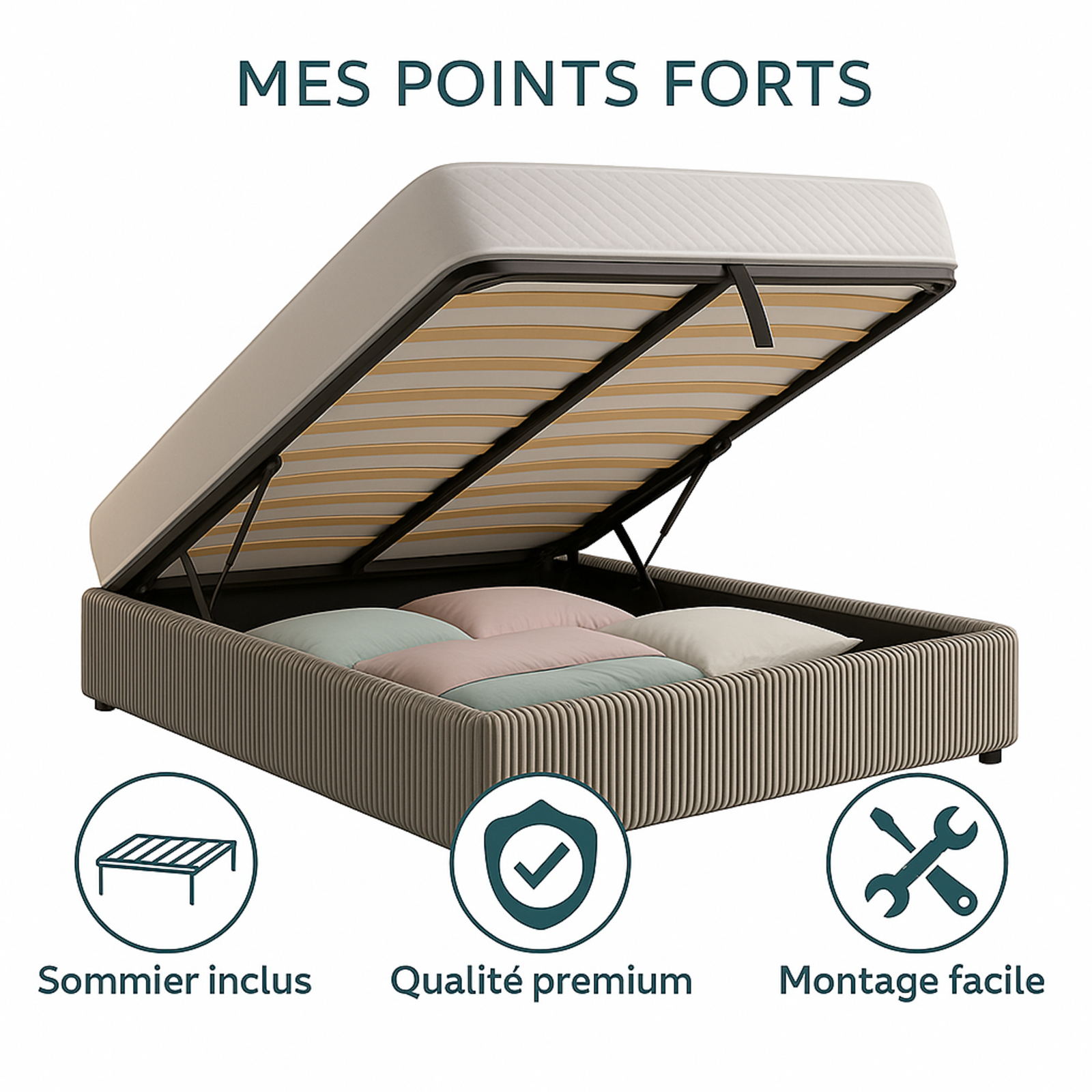 Lit coffre Vegas velours côtelé : sommier à lattes flexibles