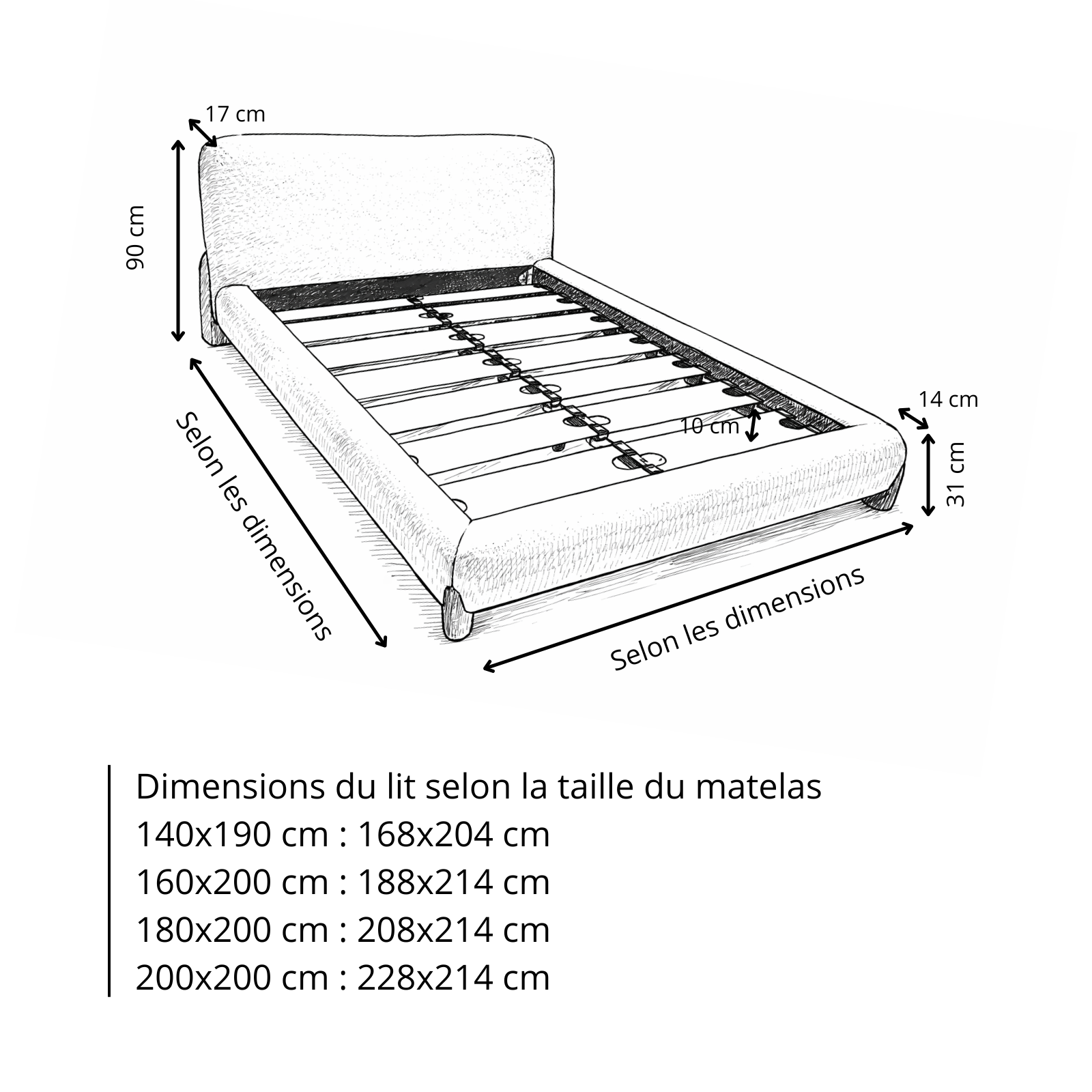 Lit en tissu feutrine avec lattes massives et tête de lit - Collection Capucine