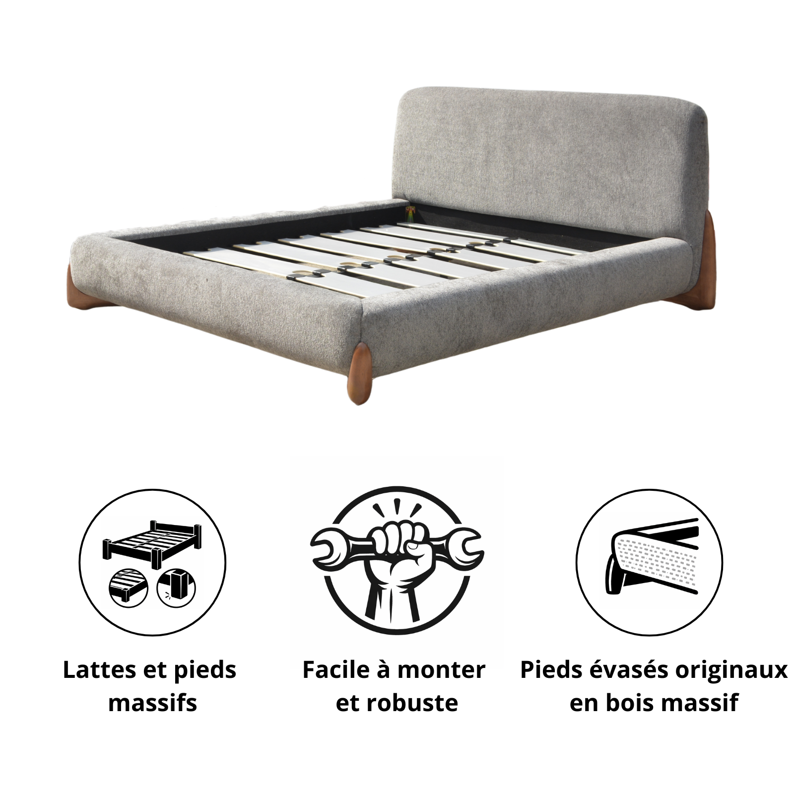 Lit en tissu feutrine avec lattes massives et tête de lit - Collection Capucine