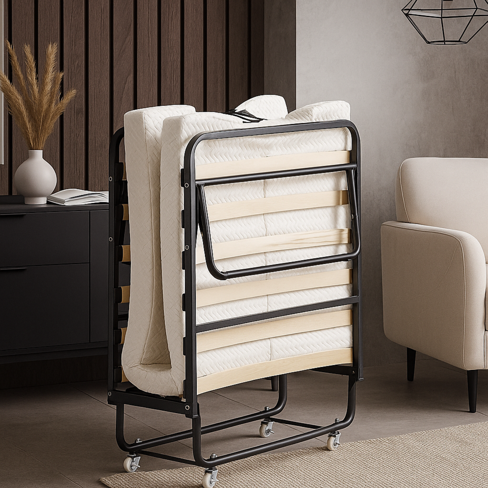 Lit pliant à roulettes avec matelas : lit d’appoint avec sommier à lattes flexibles - Collection Pliable