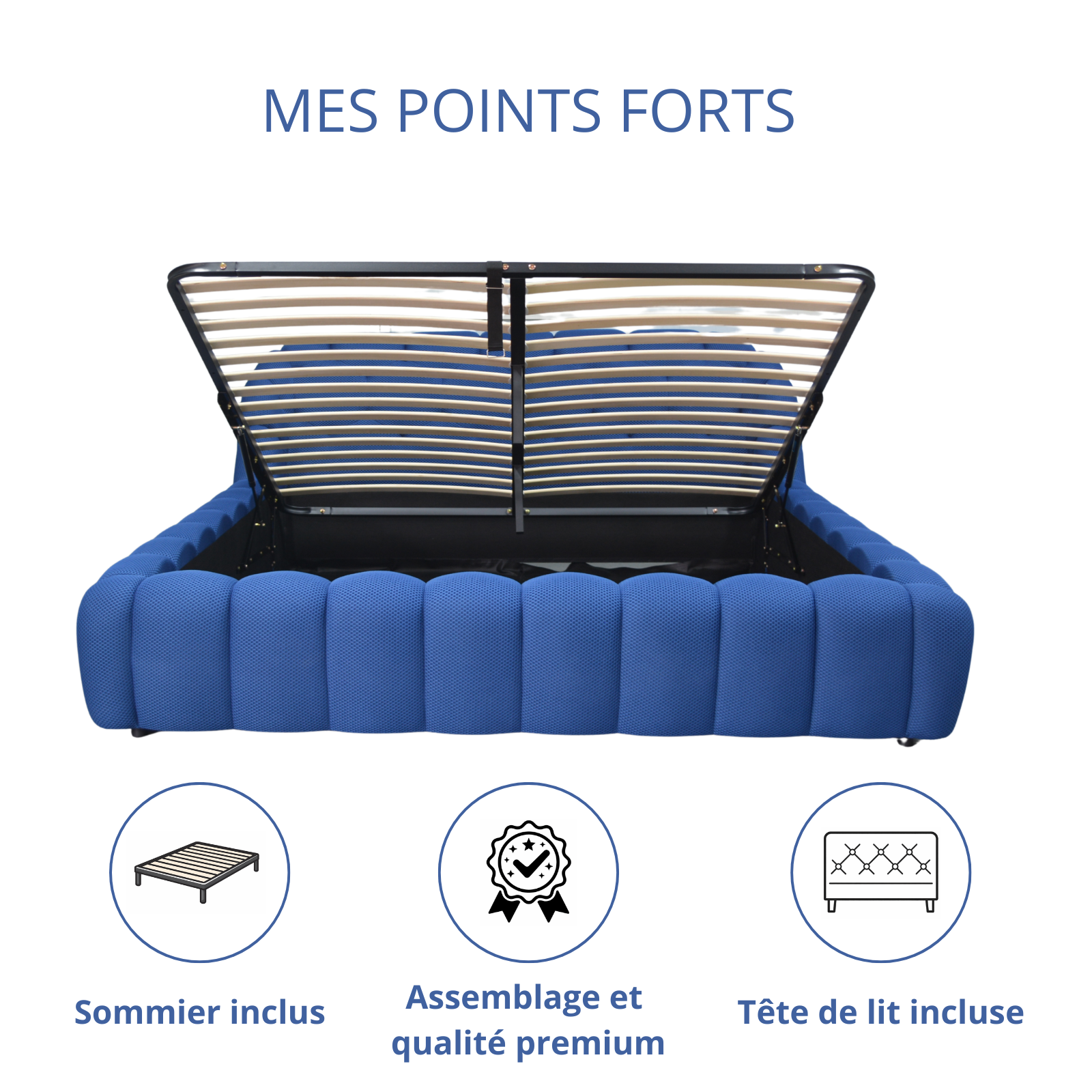 Lit coffre Byblos, tête de lit, grand espace de stockage, tissu 3D - Collection Byblos