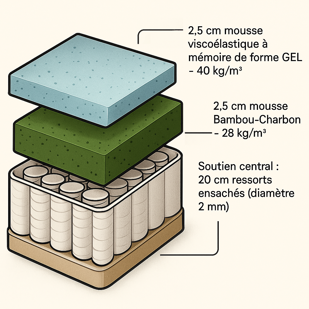Matelas respirant : Mémoire de forme, bambou et ressorts ensachés