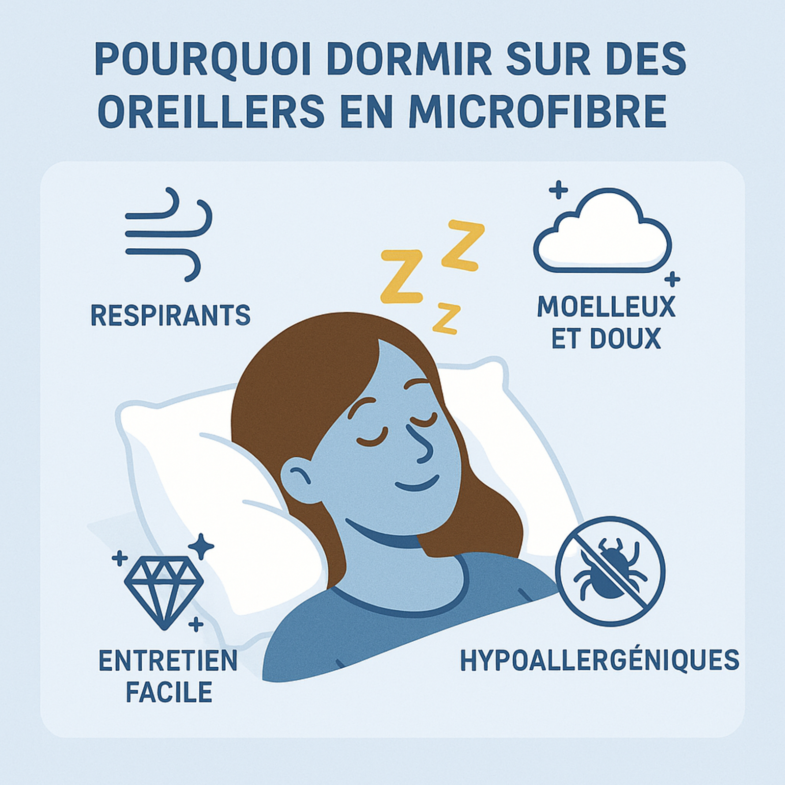 Oreiller moelleux, soutien cervical ergonomique, microfibre respirante - Collection Happy