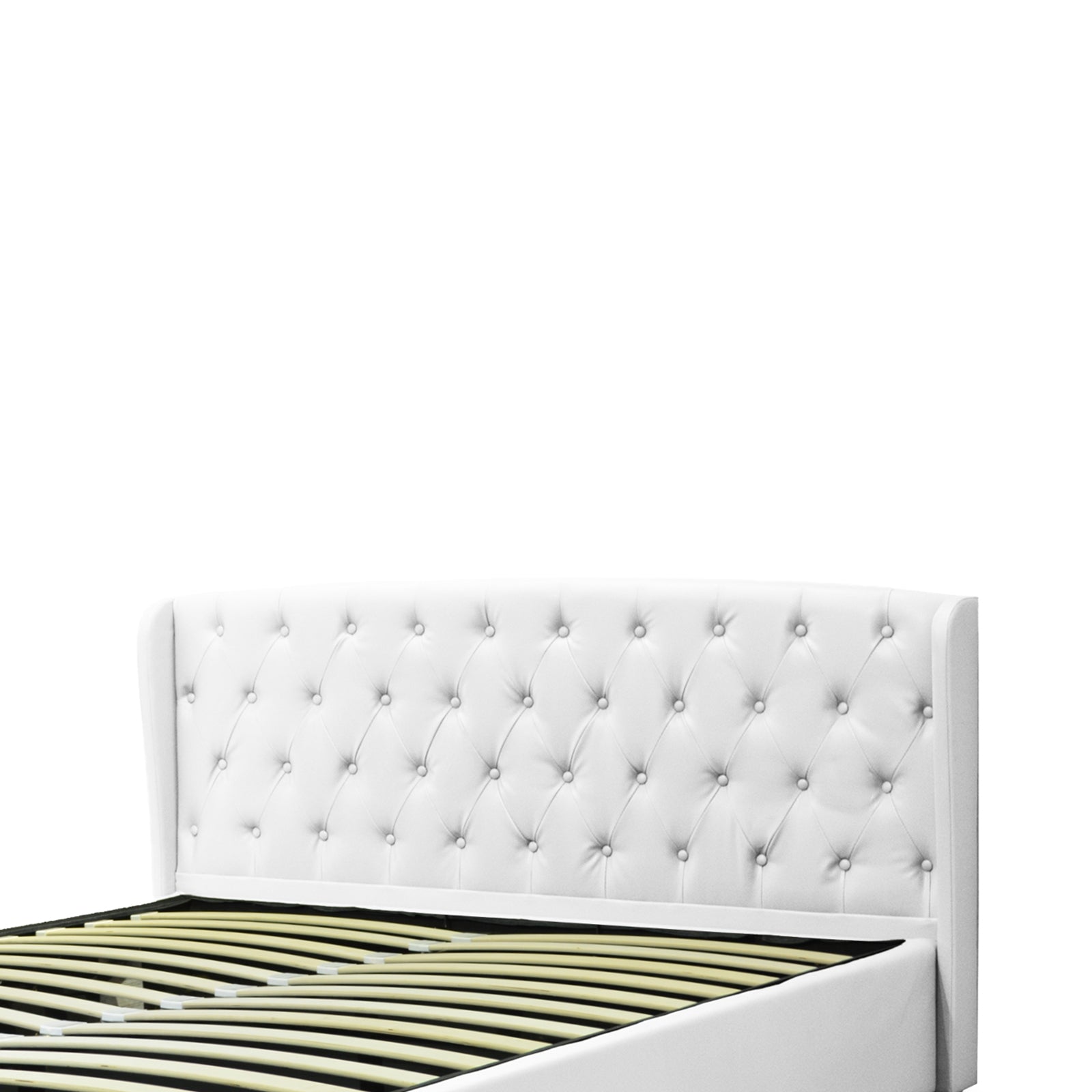 Lit coffre sommier relevable Monceau capitonné chic : tissu ou simili cuir et sommier à lattes en bois flexibles