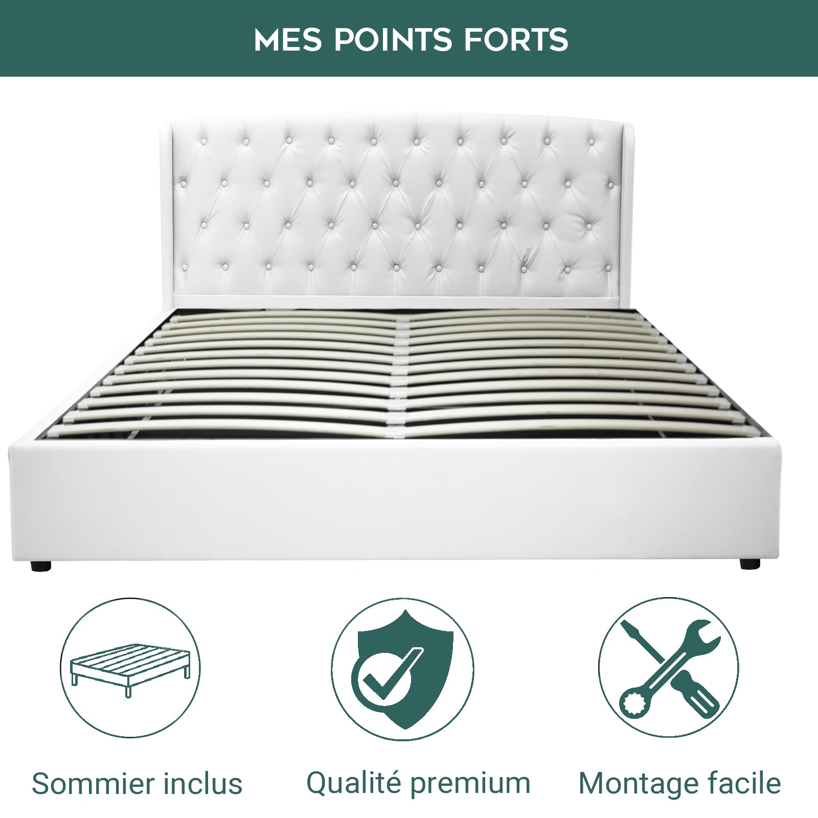 Lit coffre sommier relevable Monceau capitonné chic : tissu ou simili cuir et sommier à lattes en bois flexibles