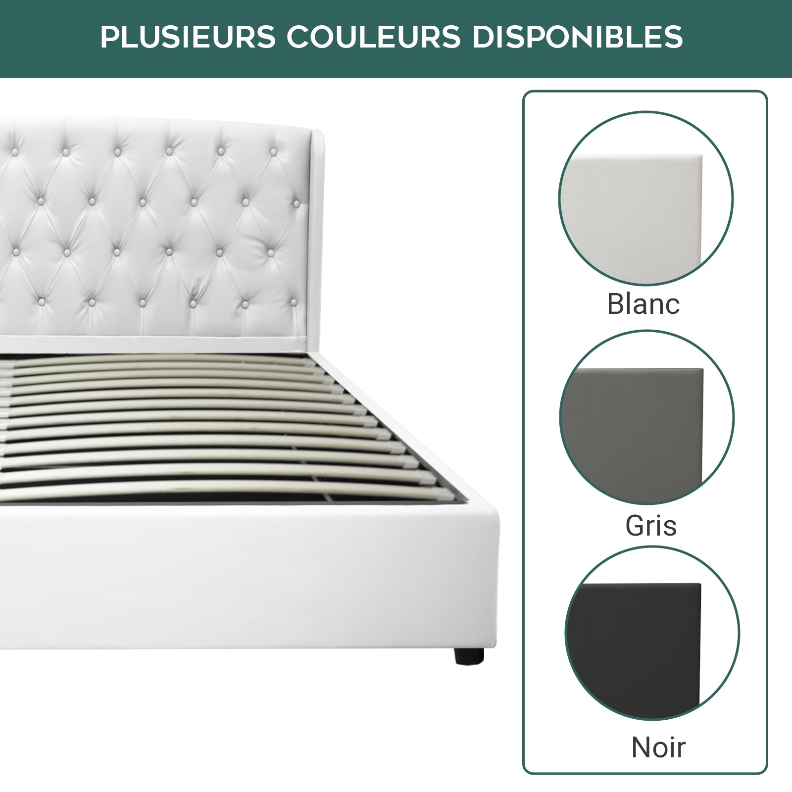 Lit coffre sommier relevable Monceau capitonné chic : tissu ou simili cuir et sommier à lattes en bois flexibles