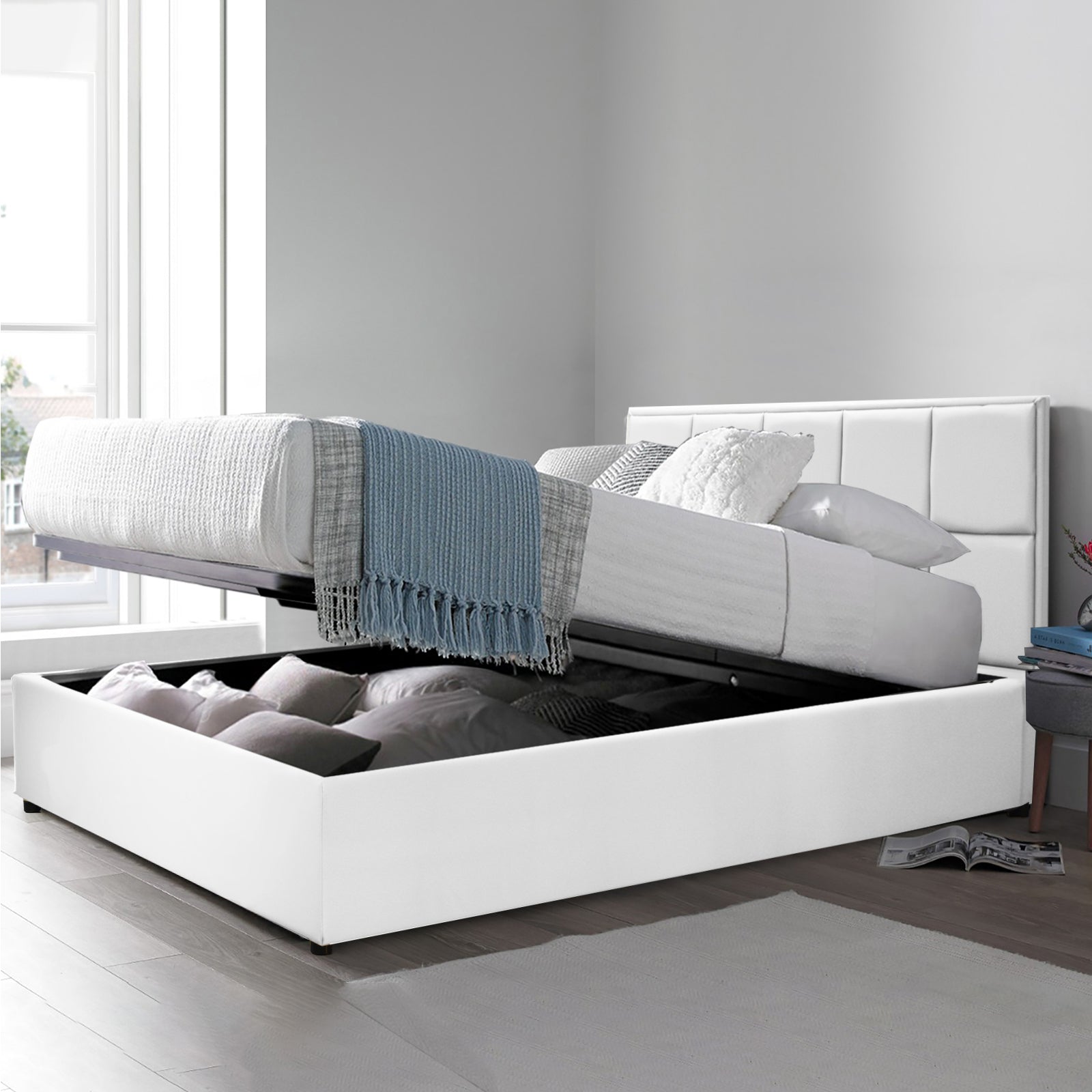 Lit coffre VariLuxe innovant - Tête de lit interchangeable : Simili cuir et grand coffre
