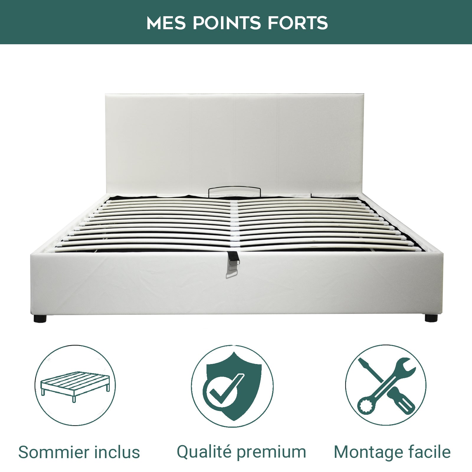 Lit coffre VariLuxe innovant - Tête de lit interchangeable : Simili cuir et grand coffre