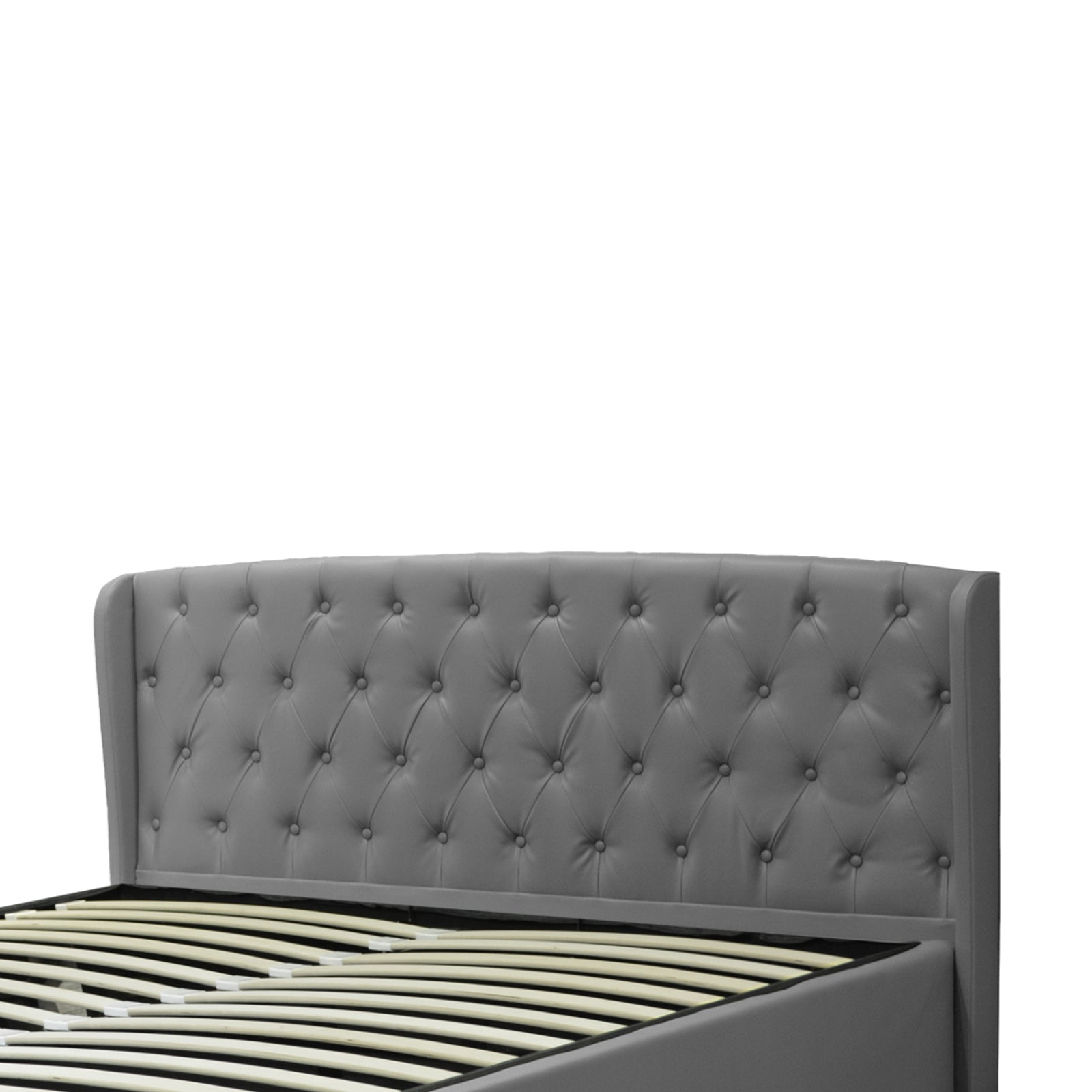 Lit coffre sommier relevable Monceau capitonné chic : tissu ou simili cuir et sommier à lattes en bois flexibles