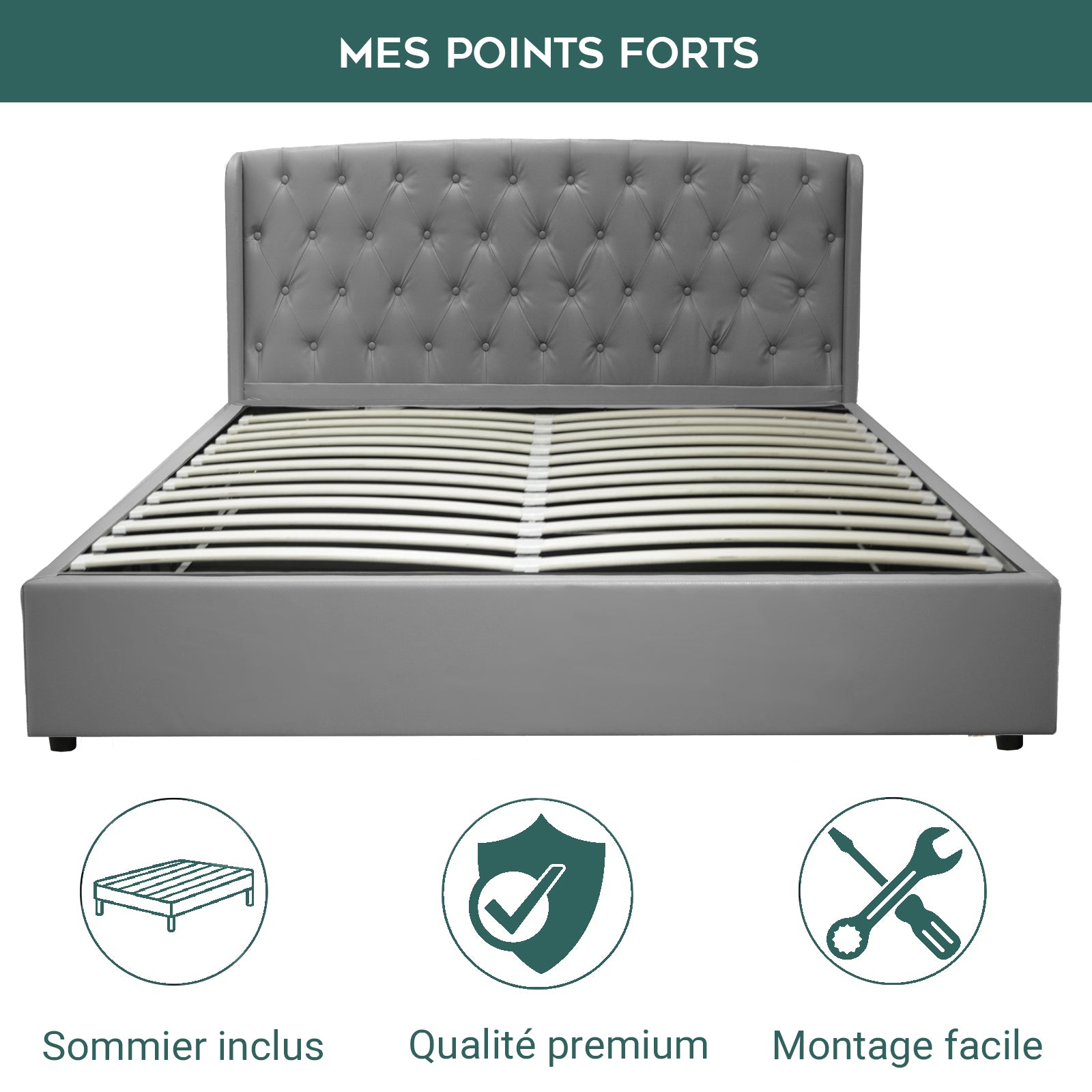 Lit coffre sommier relevable Monceau capitonné chic : tissu ou simili cuir et sommier à lattes en bois flexibles