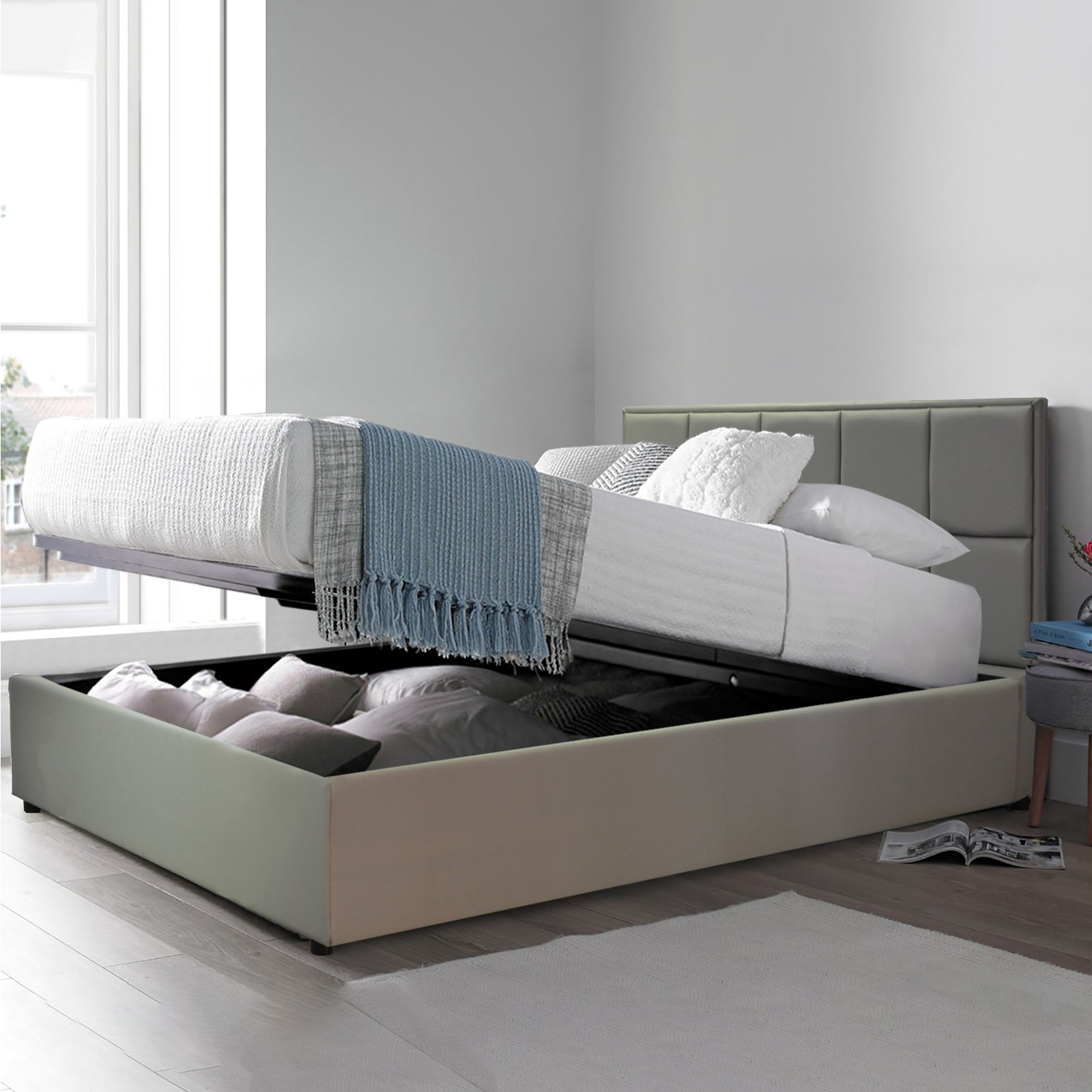 Lit coffre VariLuxe innovant - Tête de lit interchangeable : Simili cuir et grand coffre
