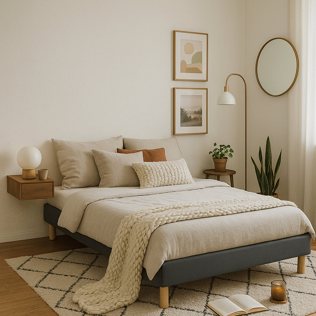 Sommier simili cuir, cadre de lit et pieds bois, maintien bassin - Collection Deco