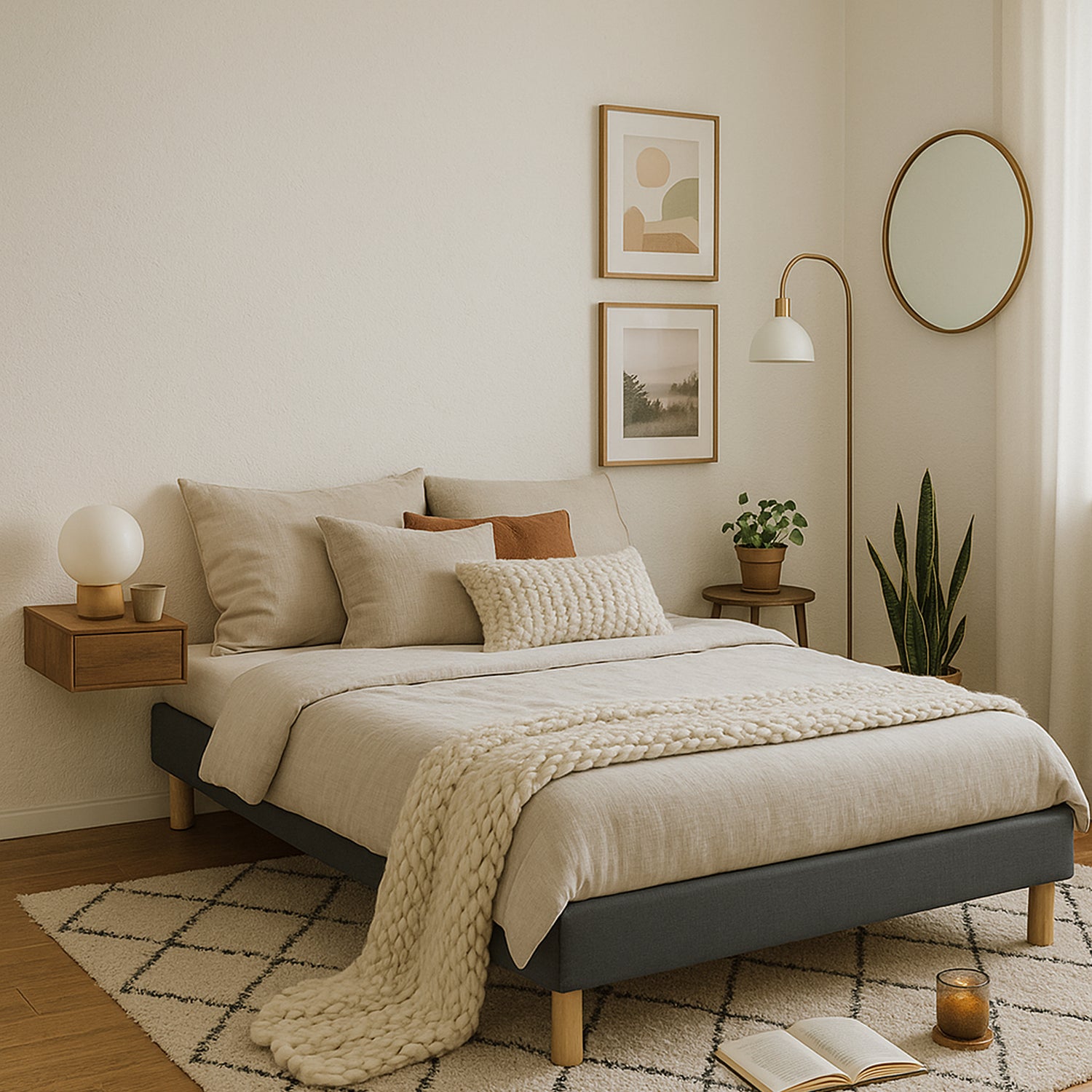 Sommier simili cuir, cadre de lit et pieds bois, maintien bassin - Collection Deco