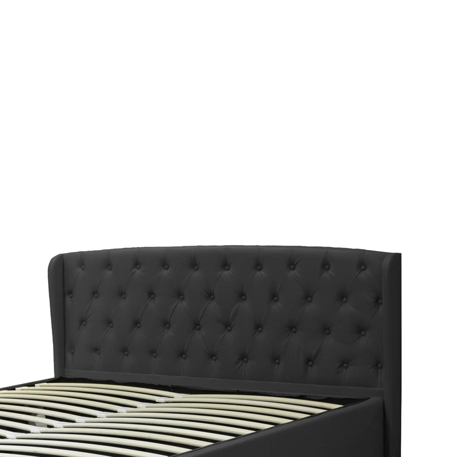 Lit coffre sommier relevable Monceau capitonné chic : tissu ou simili cuir et sommier à lattes en bois flexibles