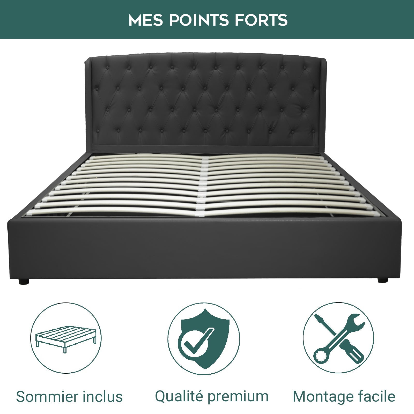 Lit coffre sommier relevable Monceau capitonné chic : tissu ou simili cuir et sommier à lattes en bois flexibles