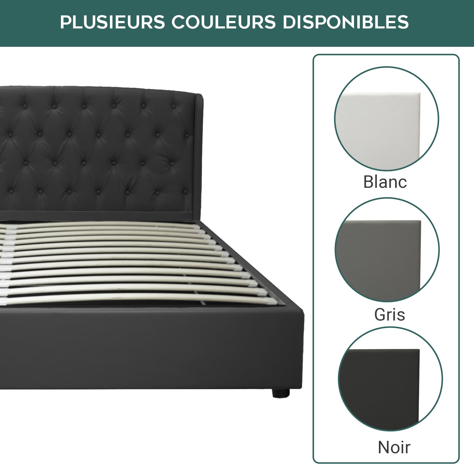 Lit coffre sommier relevable Monceau capitonné chic : tissu ou simili cuir et sommier à lattes en bois flexibles