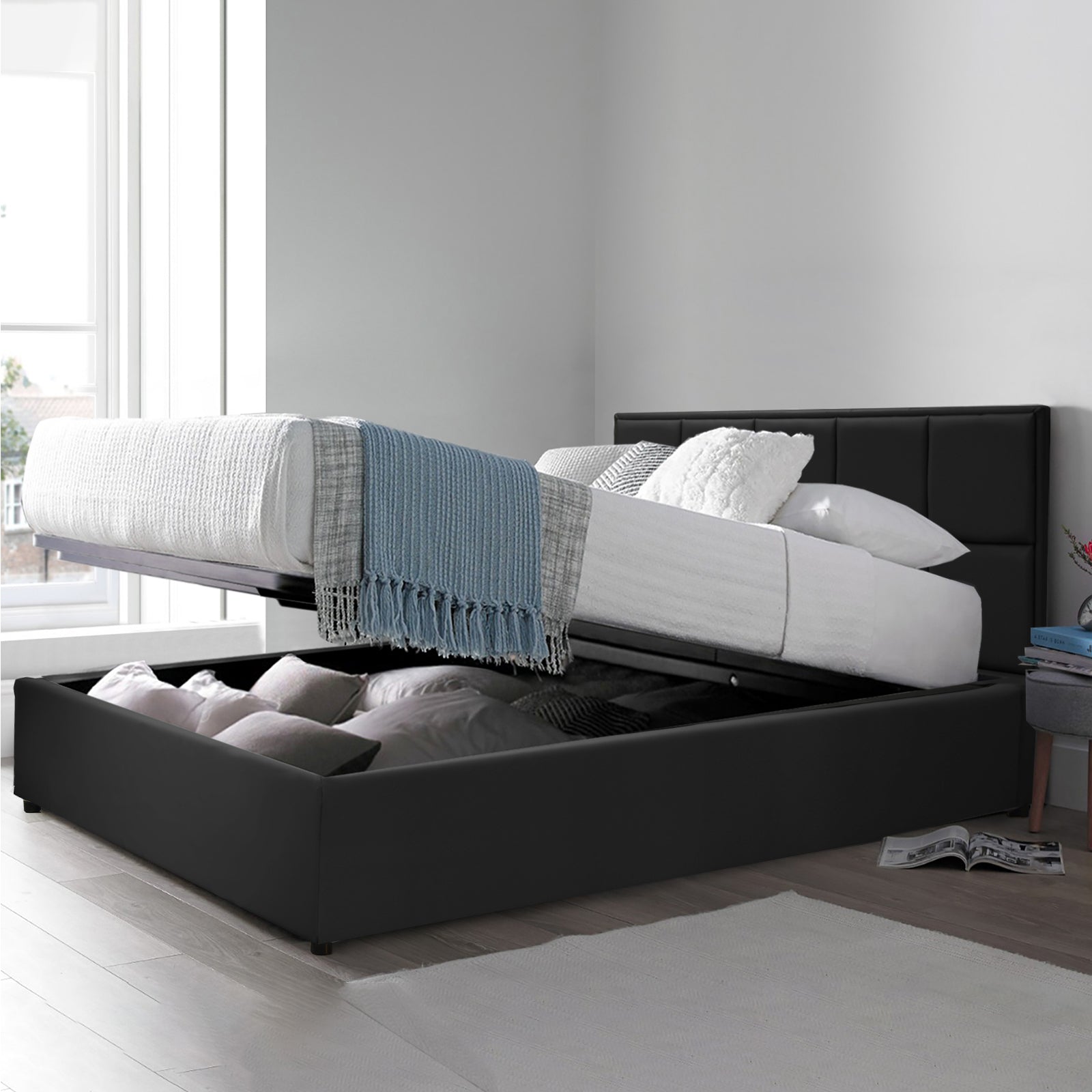 Lit coffre VariLuxe innovant - Tête de lit interchangeable : Simili cuir et grand coffre