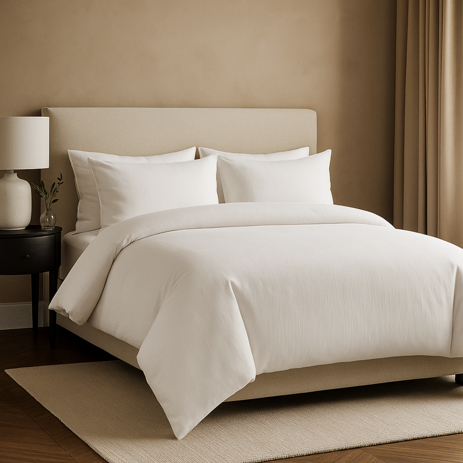 Parure de lit complète blanche, polyester, douce, hypoallergénique - Collection Unie