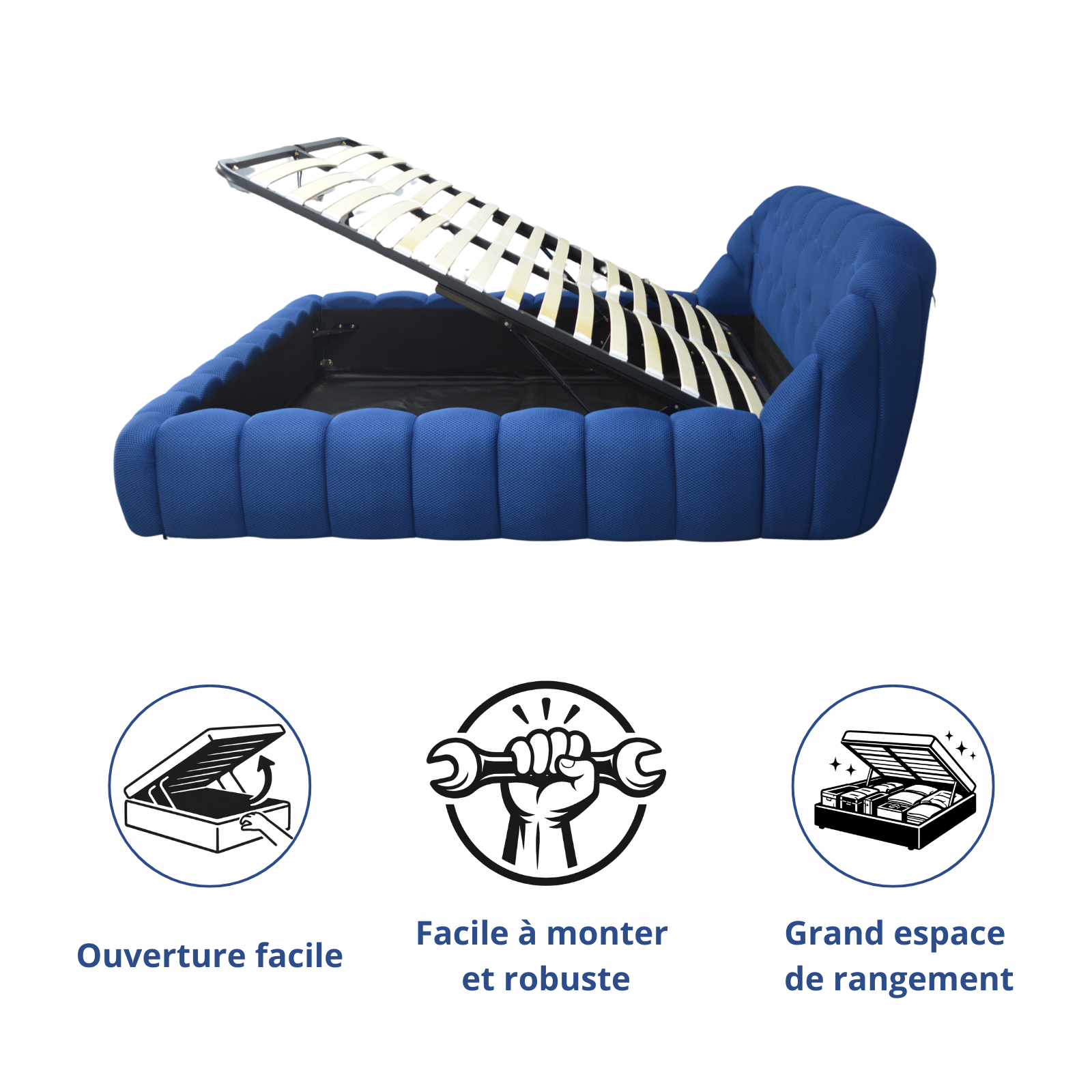 Lit coffre Byblos, tête de lit, grand espace de stockage, tissu 3D - Collection Byblos