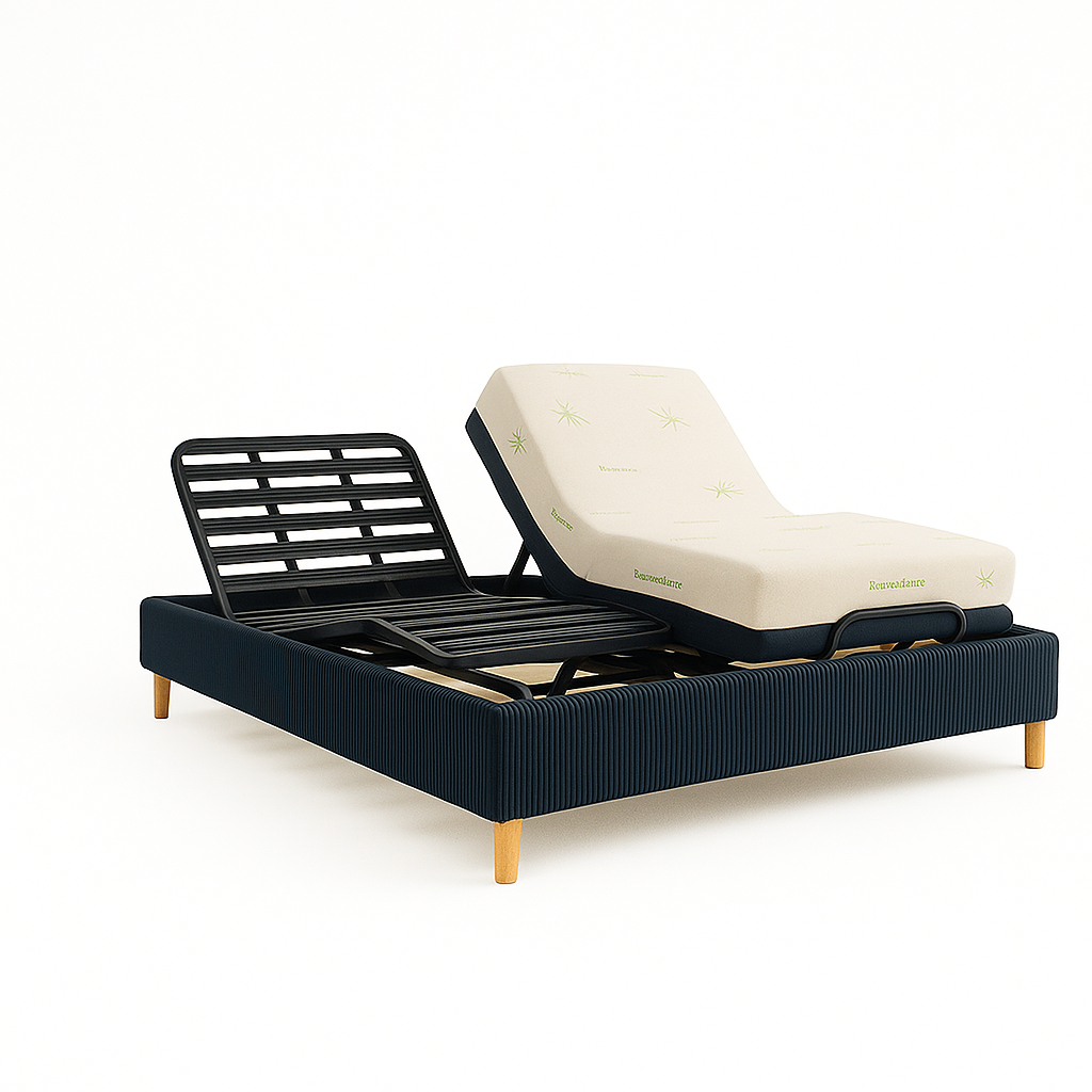 Pack lit électrique orthopédique à lattes en velours côtelé bleu Orthoflex : matelas inclus
