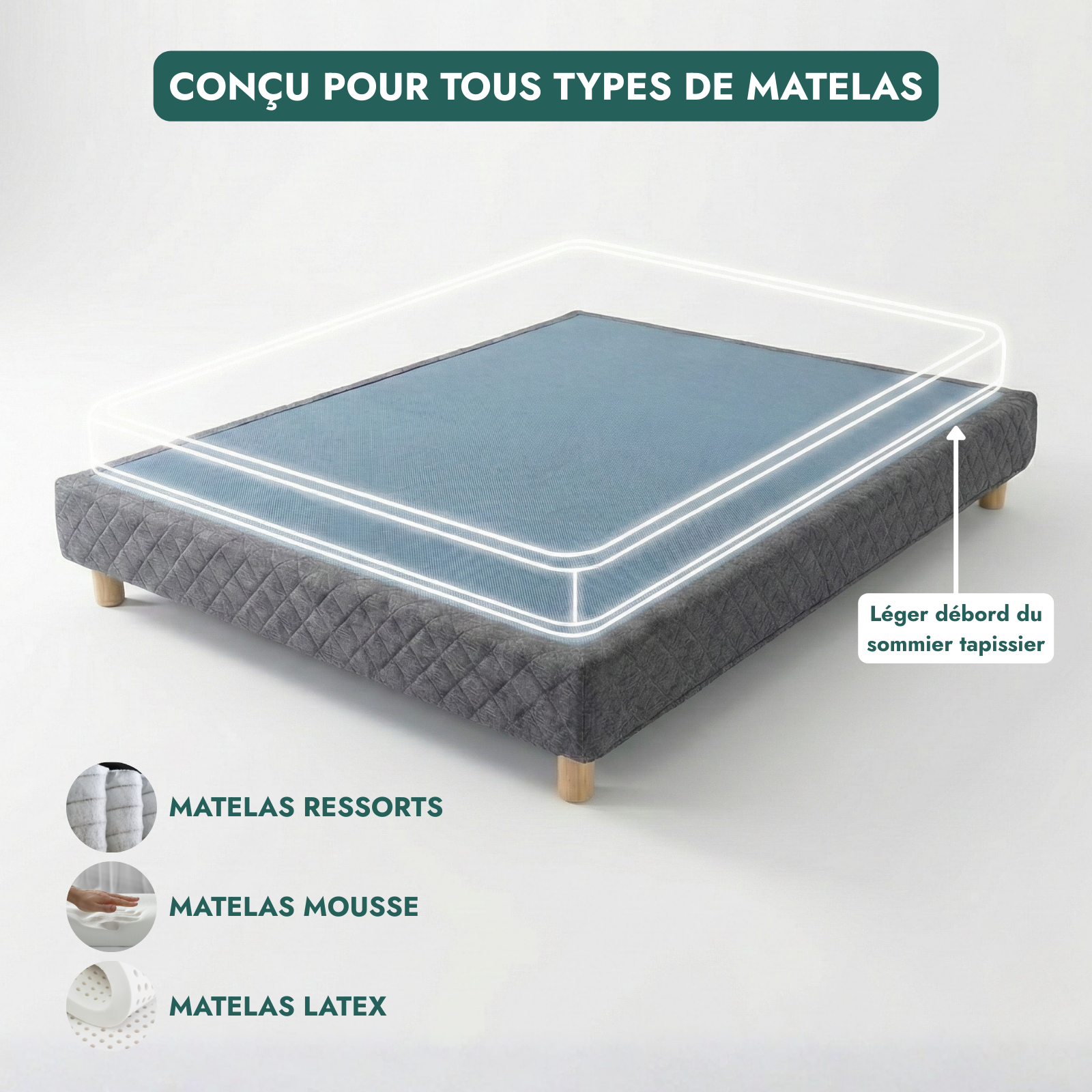 Upholstered bed base, fabric border, wooden frame - Comfort Collection