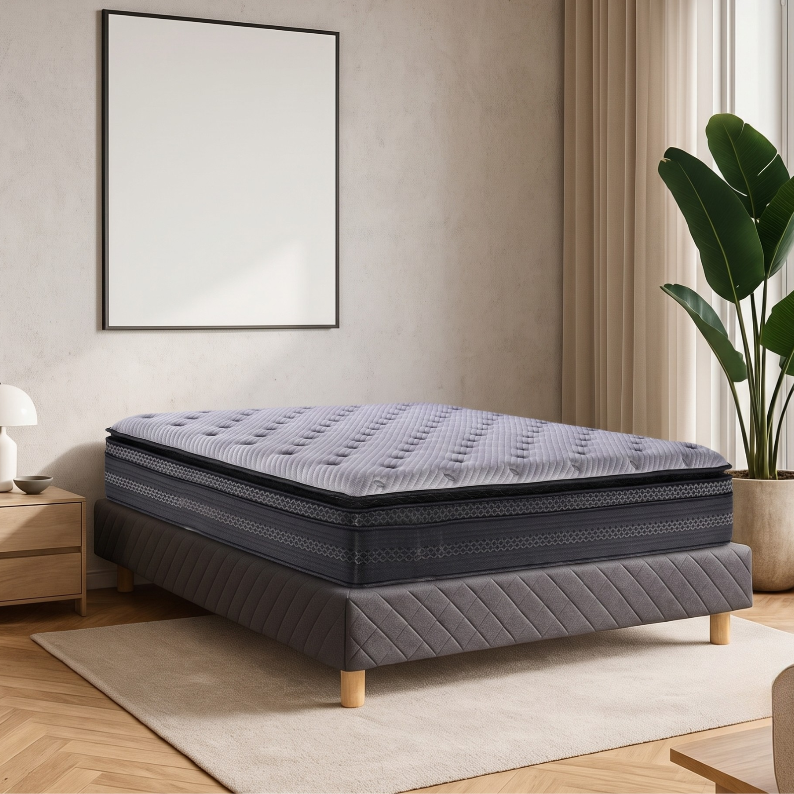 Ensemble sommier tapissier gris et matelas hybride double surmatelas - Collection Tapissier