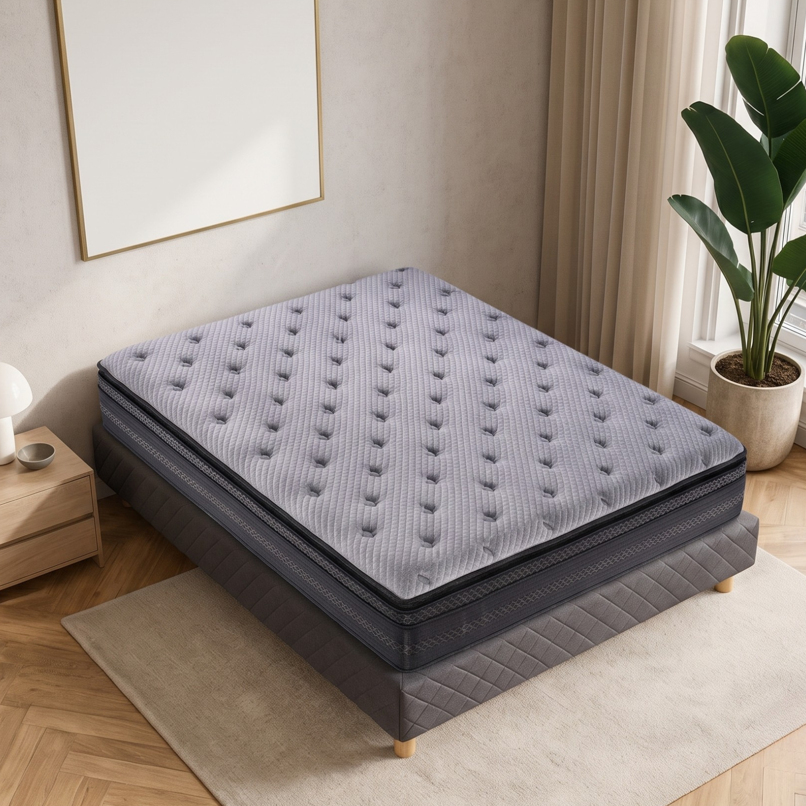 Ensemble sommier tapissier gris et matelas hybride double surmatelas - Collection Tapissier